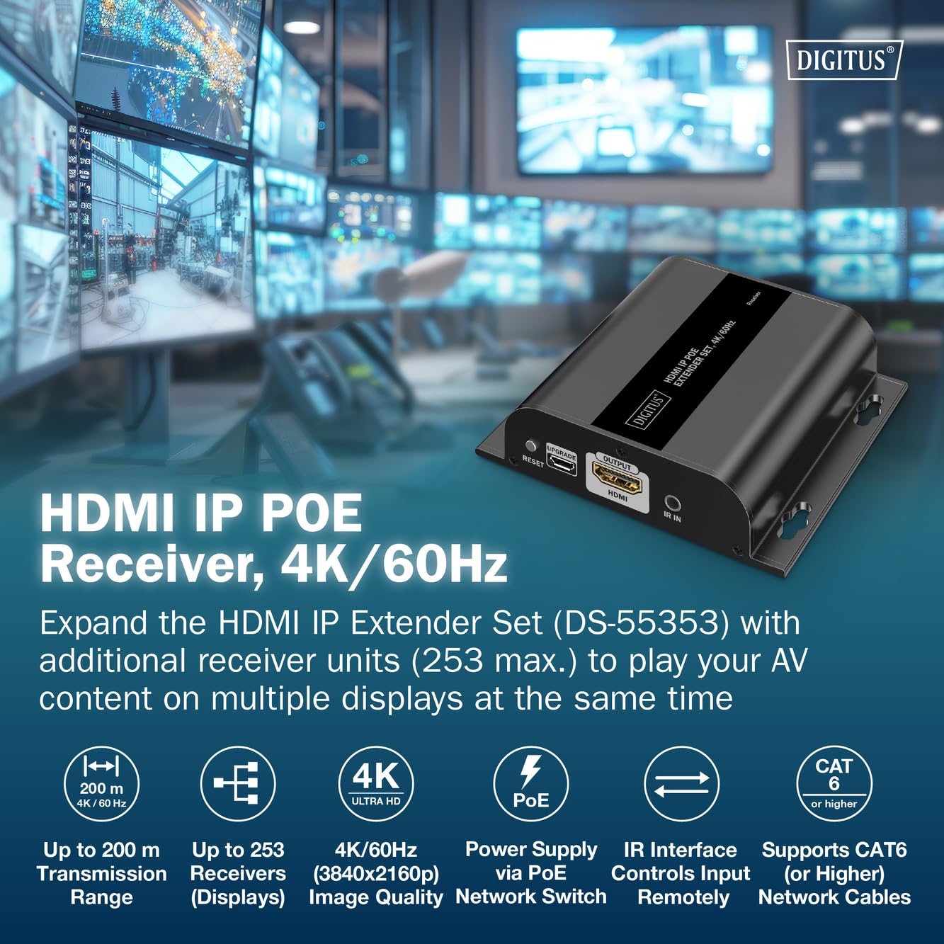 DIGITUS HDMI PoE IP Extender Receiver DS-55353 UHD 4K 60Hz HDMI 2.0 120m CAT 6 Schwarz