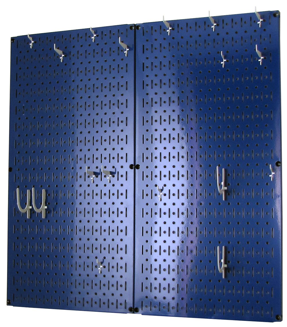 Wall Control Kuchenny organizer na pegboard garnki i patelnie, zestaw do przechowywania i organizacji, z niebieską tablicą pegboardową i białymi akcesoriami