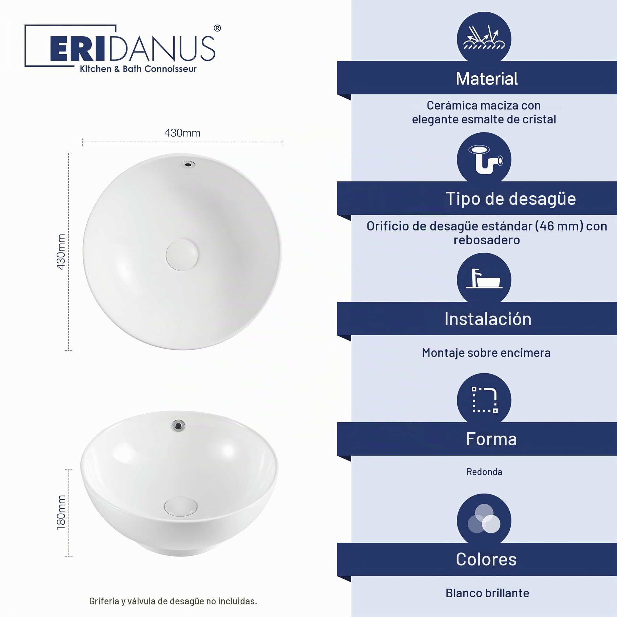 Eridanus Fregadero redondo con agujero de desbordamiento, lavabo de cerámica para encimera de baño, lavabo de porcelana vítrea para lavabo, baño, tocador, blanco brillante, 430 x 430 x 180 mm