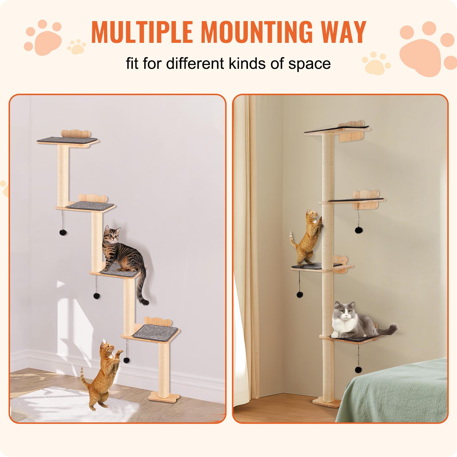 VEVOR Albero per Gatti a 4 Livelli, Set di Mobili da Parete per Gatti 35 x 27 cm con 4 Assi per Saltare, Trespolo per Gatti in Legno di Pino 12 mm Fino a 18,14 kg per Dormire, Giocare, Arrampicarsi