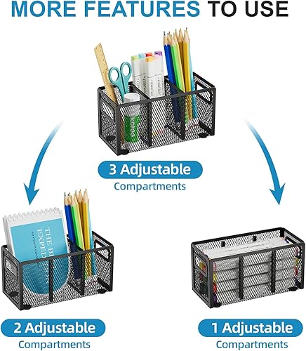 Miniatura 3 de Marbrasse Soporte de malla 2P para bolígrafo, organizador de escritorio, 3 compartimentos ajustables, vaso para lápices con asa, perfecto para aula,