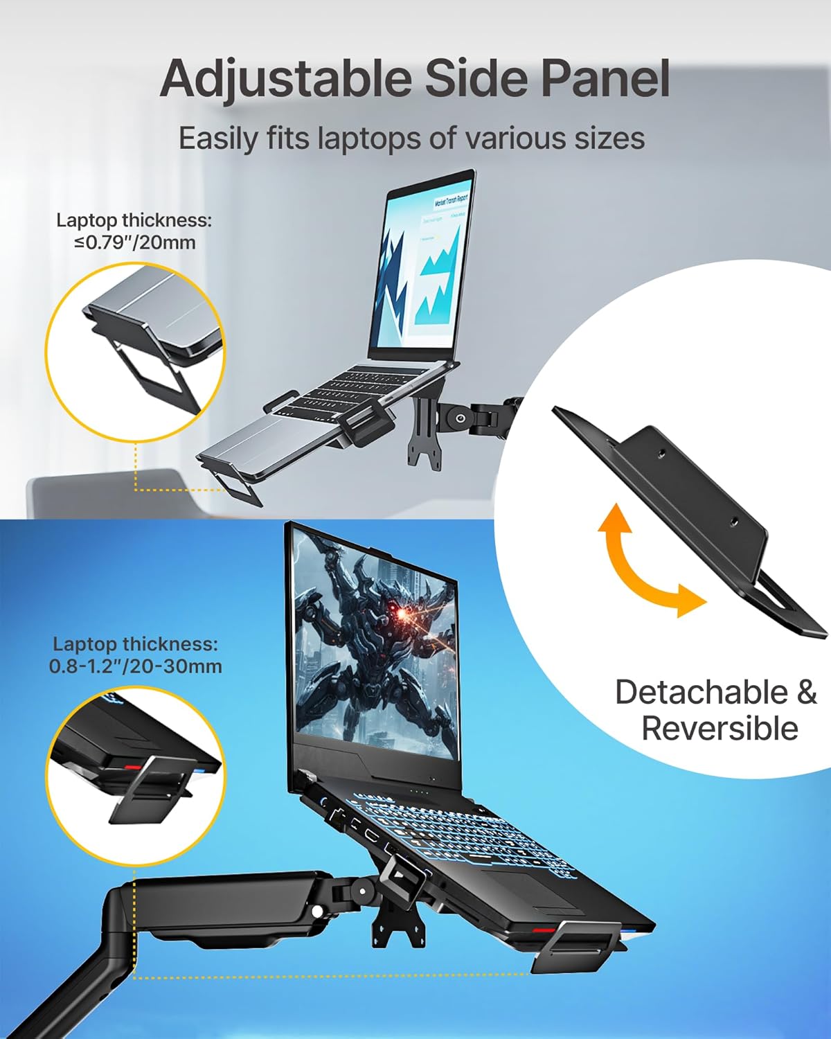 monTEK Adjustable Laptop Tray for Monitor Arm & Stand, Universal VESA Mount Laptop Holder 12″–18″, Fits Thick Gaming Laptops, Heavy-Duty Steel up to 19.8lbs, VESA 75x75/100x100 Office/Studio/Gaming