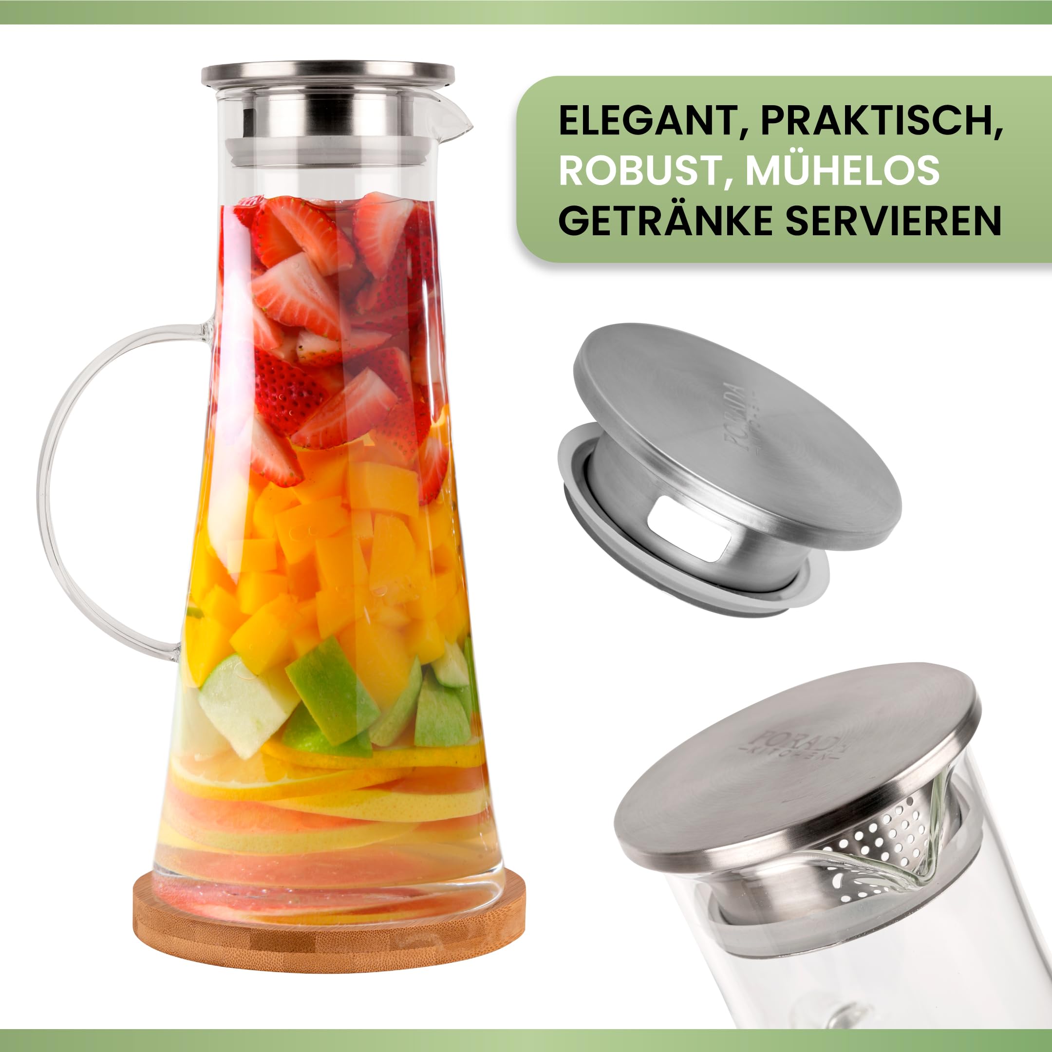 YEBODA Glaskrug Mit Deckel, 1,8 L – Auslaufsicherer Krug Mit Ausgießer Für Wasser, Saft, Eistee (2 Stück)