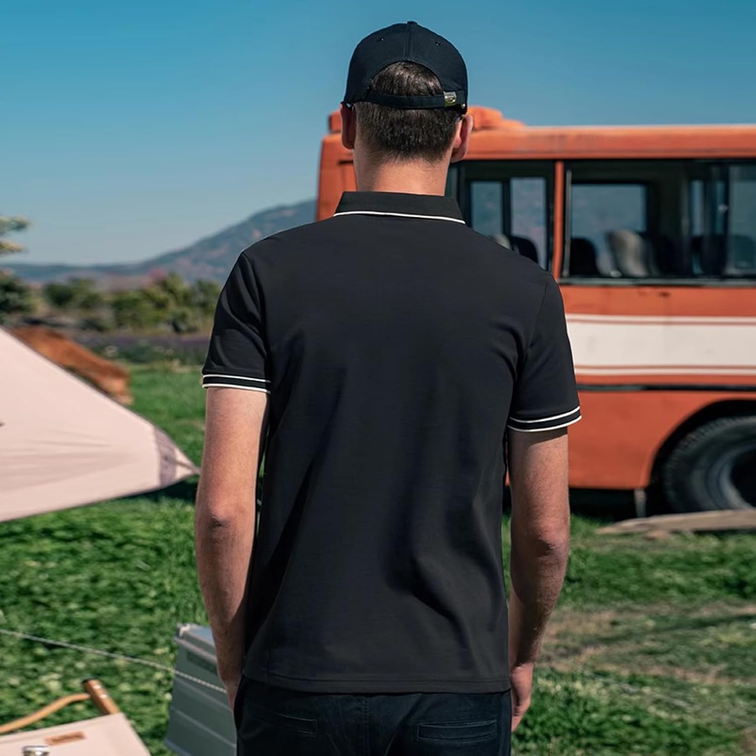 Men's Polo Shirts for Men Short Sleeve Striped Pique Cotton Polo Shirt Business Casual Layering Top Black - Image 7