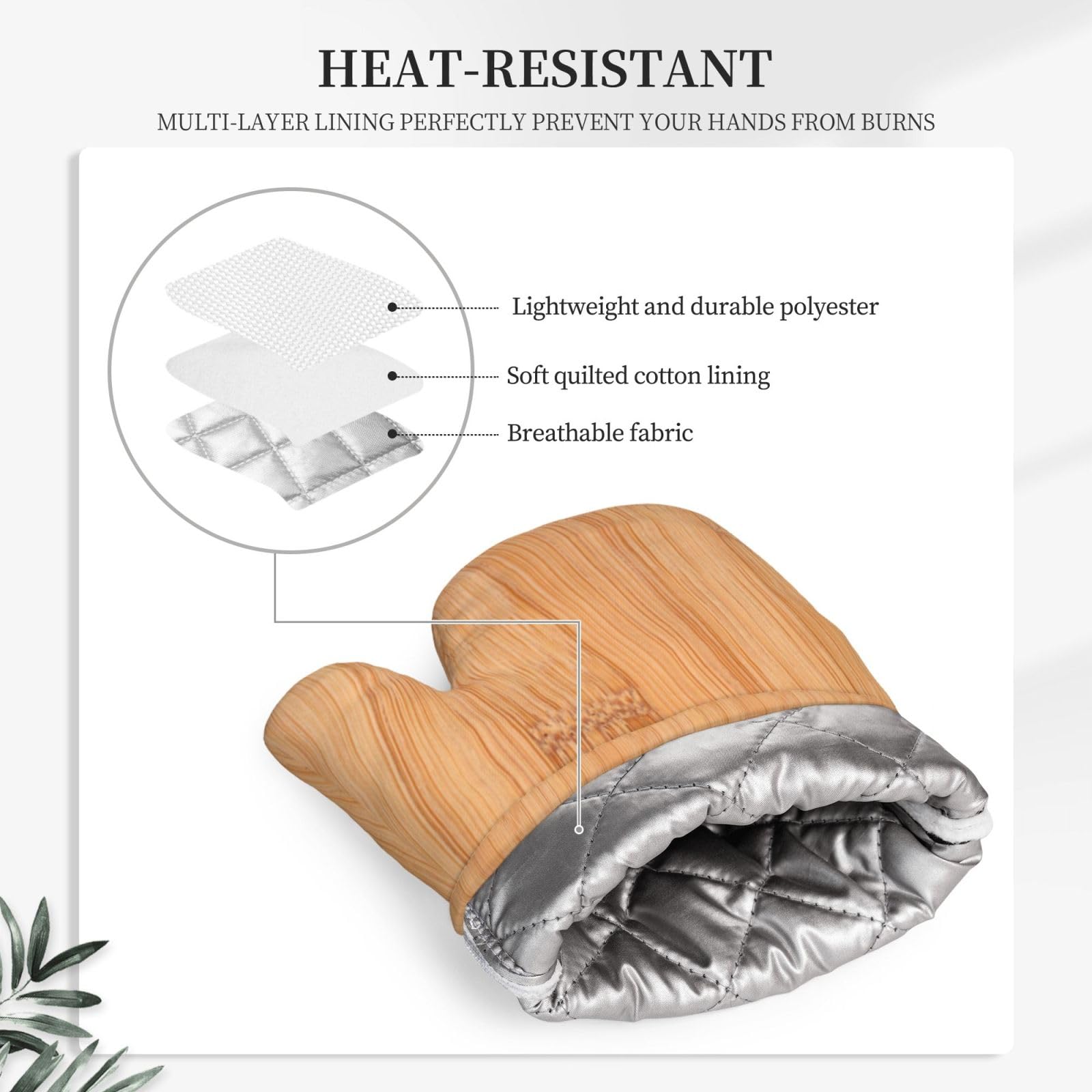 Juego de Cuatro Piezas de Guantes y Manoplas Resistentes al Calor para Hornear, Guantes de Cocina Antideslizantes, Manoplas para Horno de Cocina, Madera de bambú.