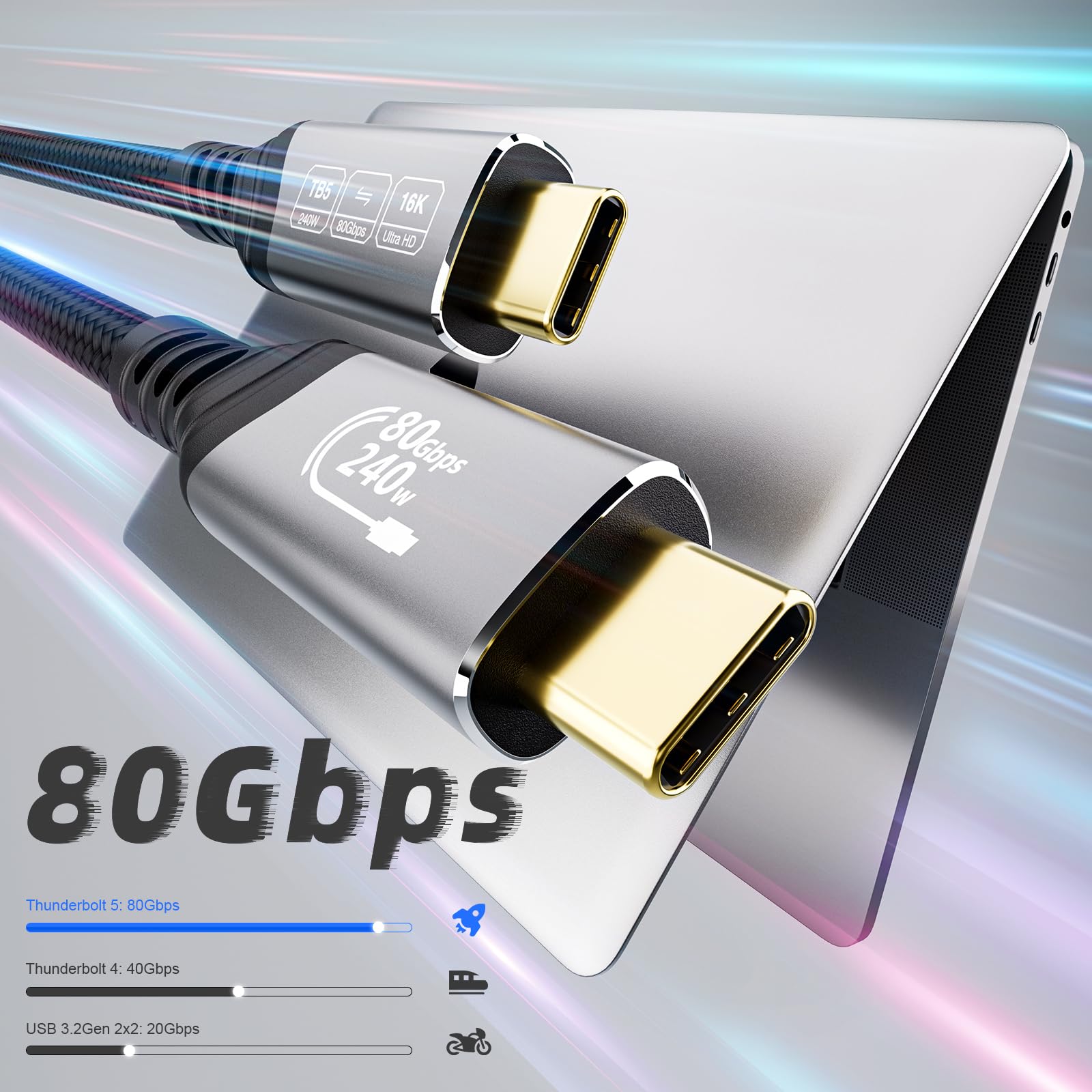 USB C Thunderbolt 5 Kabel 80Gbps 3m, przepustowość wideo 120Gbps, PD 3.1 240W, wideo 16K@30Hz 8K@60Hz, 12-bitowa głębia kolorów Kompatybilny z Mac mini M4 Pro, Thunderbolt 4, SSD, eGPU
