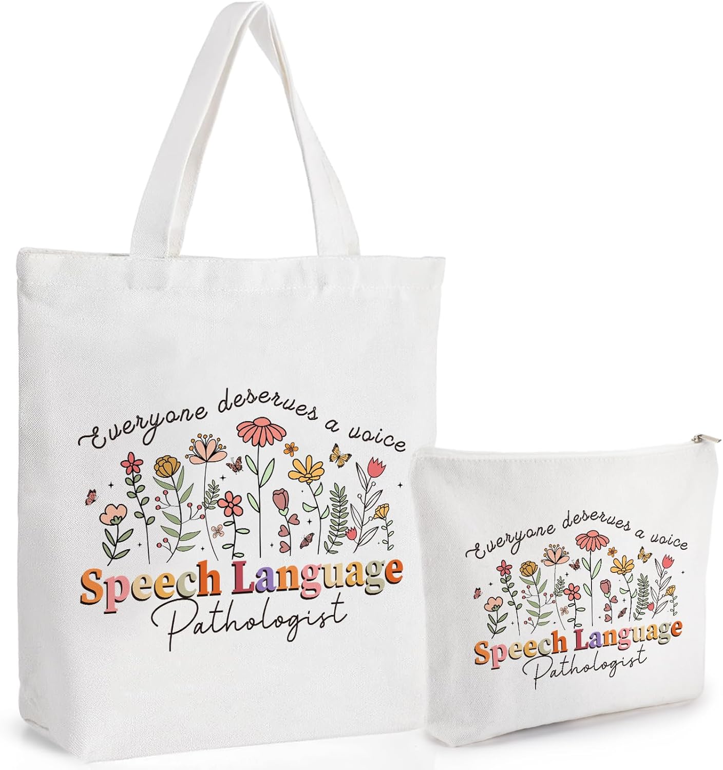 Speech Language Pathologist Bag - Therapist Slp Gifts Flower Canvas Tote 2Pcs Reusable Shopping Handbags with Makeup Bags Set Pathologist Therapy Gift for Women Birthday Party