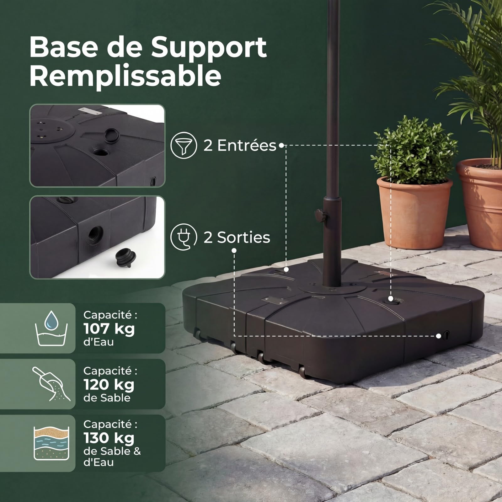 GOPLUS Pied de Parasol Déporté Extérieur 130KG avec roulettes, Support Parasol Lourd avec Base Carrée 84CM Remplissable à Eau et à Sable, Portable pour Pelouse, Jardin et Patio
