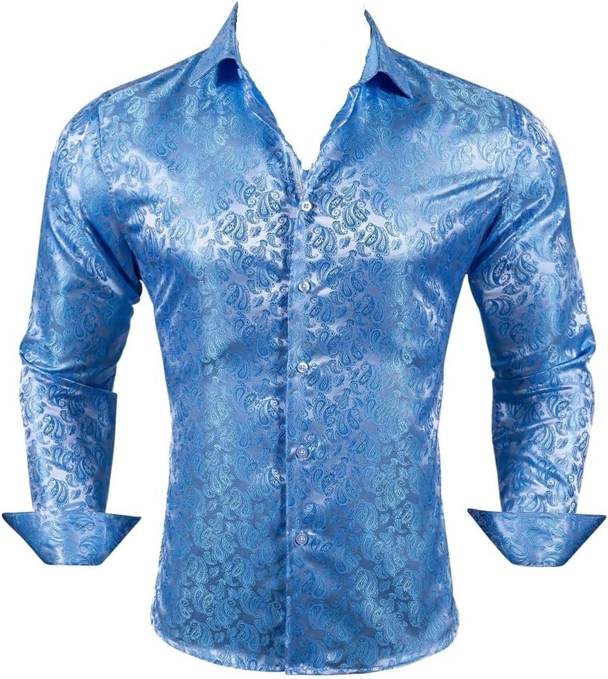 Men Shirt Sky Spring Autumn Lapel Woven Long Sleeve Embroidered Fit Party Wedding Formal