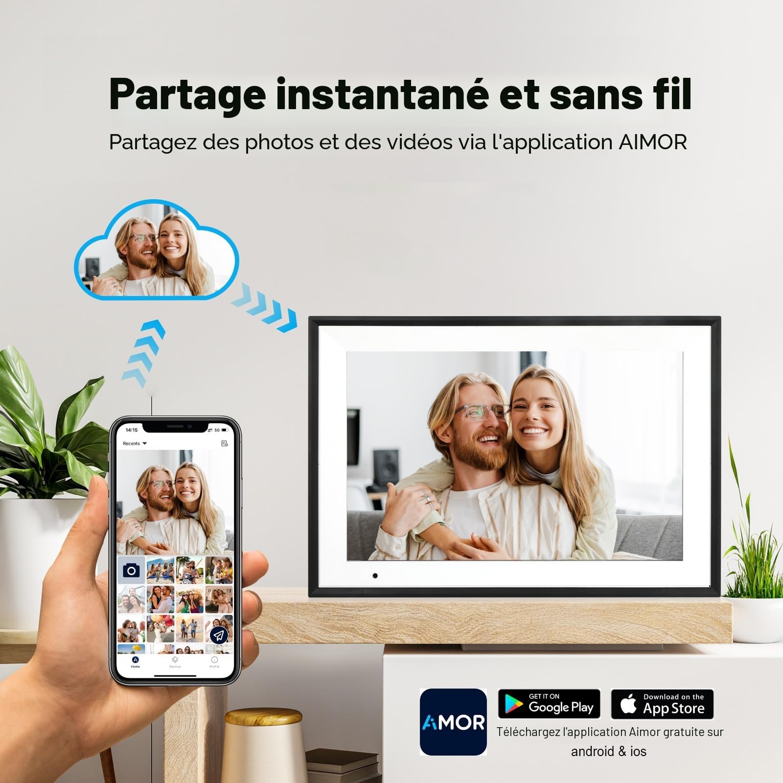 Cadre Photo numérique 10,1 Pouces WiFi IPS HD écran Tactile Smart Cloud Cadre Photo, Auto-Rotation, Configuration Facile pour Partager des Photos ou des vidéos à Distance par l'intermédiaire de AiMOR