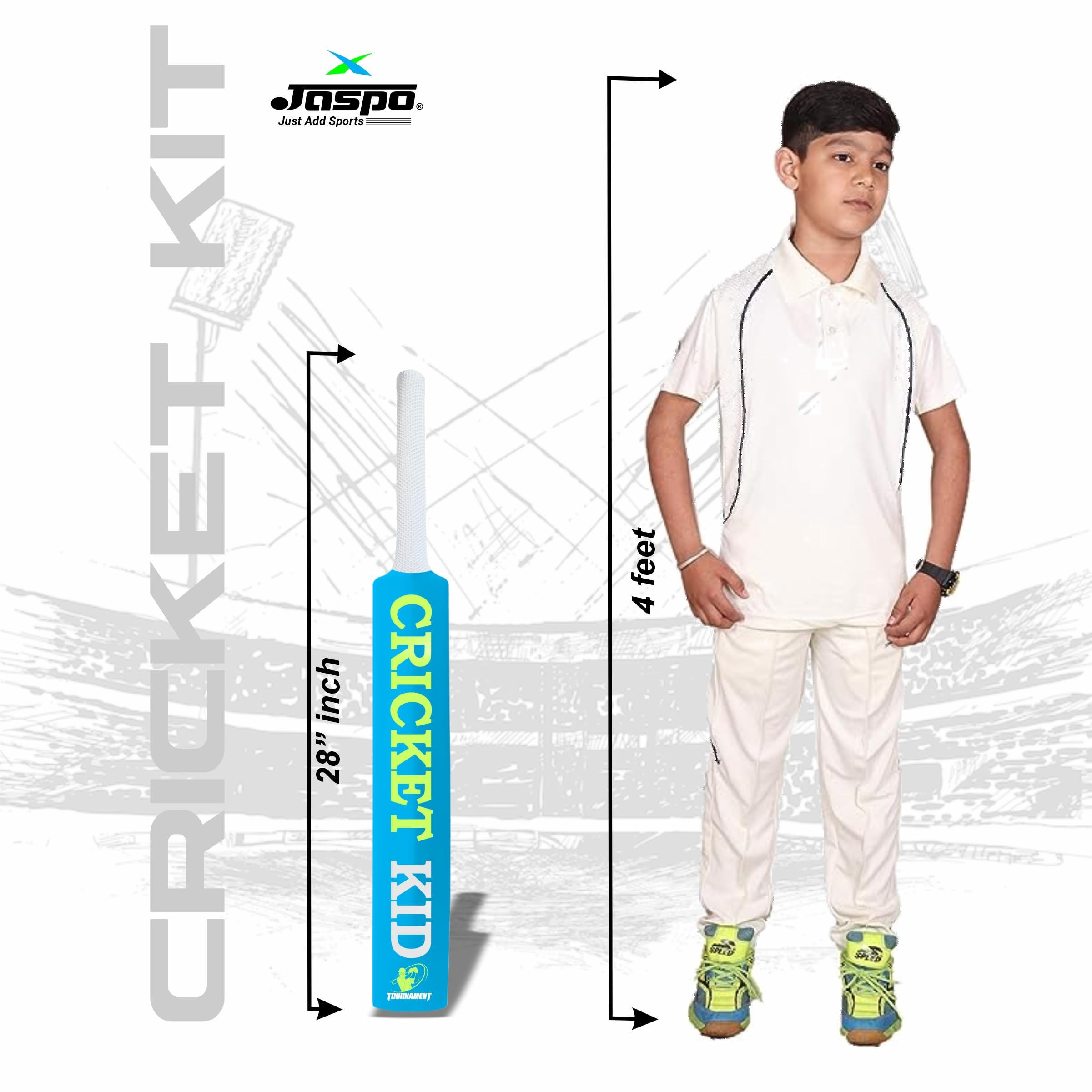 jaspo Cricket-Kid Complete Cricket Set, Kids Perfect Introduction to Cricket, Young Players,Plastic Bat, Practice & Initial Training of Beginners & Learners (Size-3 (Age 5 to 10 Yrs)) - Multicolor
