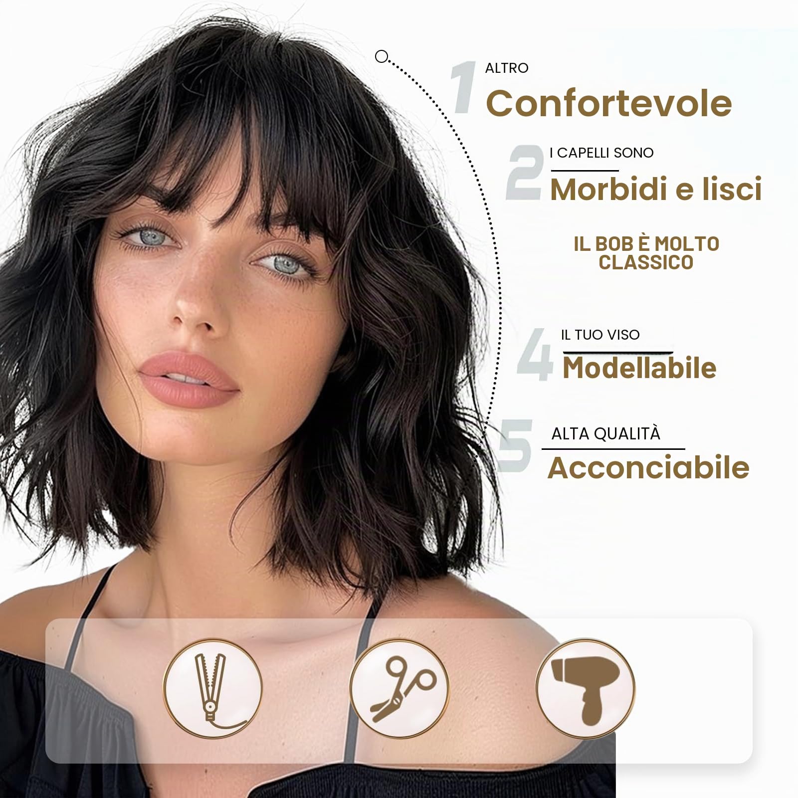 Parrucca corta ondulata nera con frangia Ondulata parrucca corta bob per donne Capelli sintetici e naturali ricci per uso quotidiano, feste, carnevale, cosplay