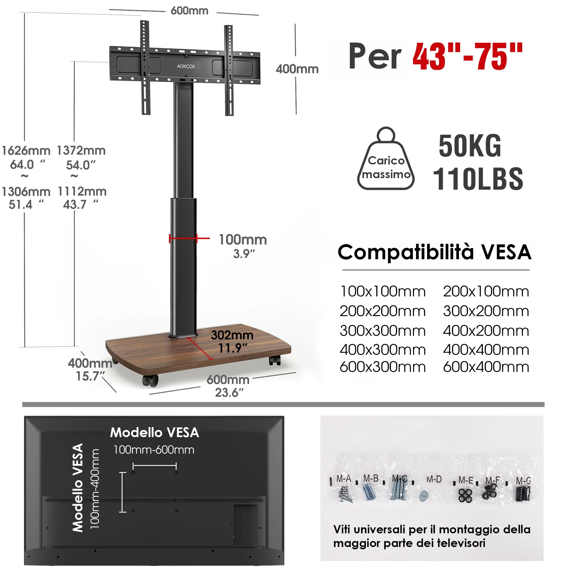 AOKCOS Carrello Porta TV con Ruote per 43-75 Pollici, Supporto TV da Pavimento Girevole e Regolabile in Altezza, Inclinabile, Base in Legno, VESA 600x400mm 50kg