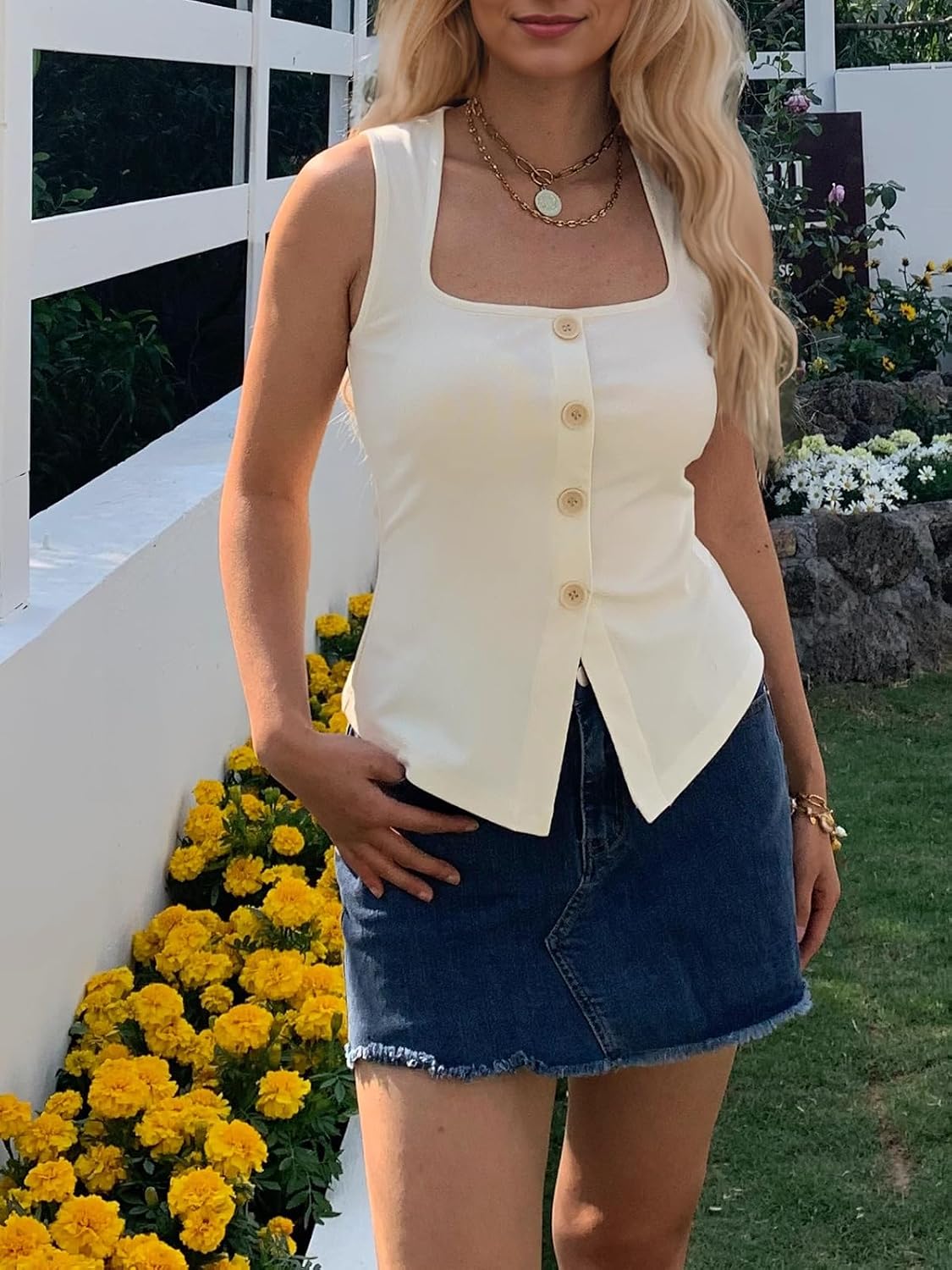 Women's Ribbed Tank Tops Slim Fit Square Neck Sleeveless Shirts Slit Hem Summer Casual Basic Tanks - Image 2