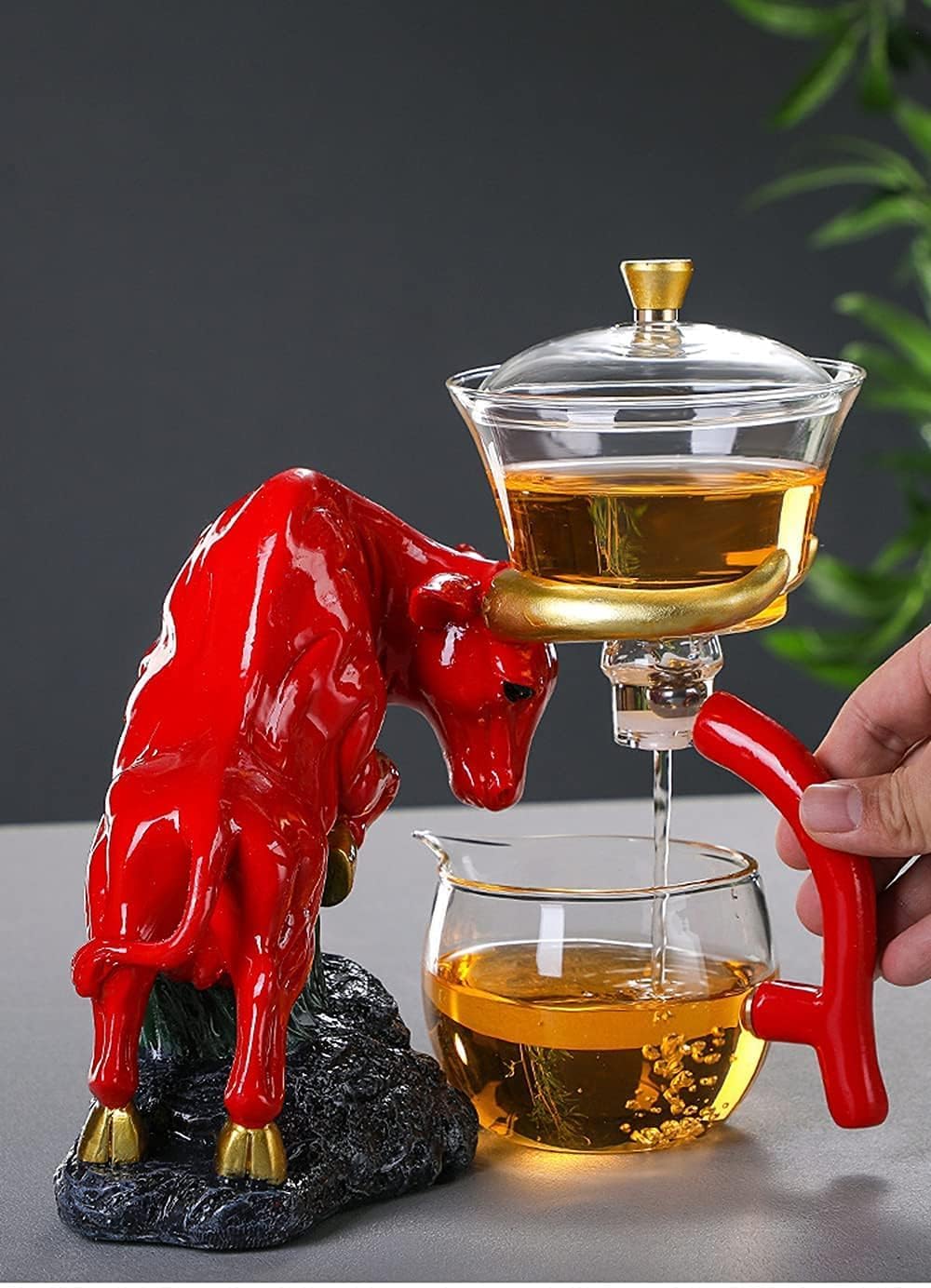 Ungfu Glas Teekanne Set Widerstandsfähiges Glas Teeset Kaffeeset Magnetische Wasserumleitung Rotierende Abdeckung Schüssel Halb Automatisch Tee Maer, Brown, Set