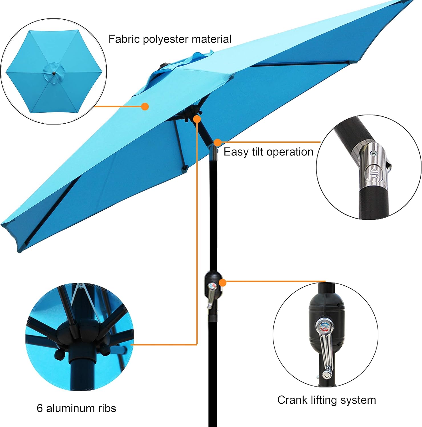 Blissun 7.5 ft Patio Umbrella, Yard Umbrella Push Button Tilt Crank (Light Blue)