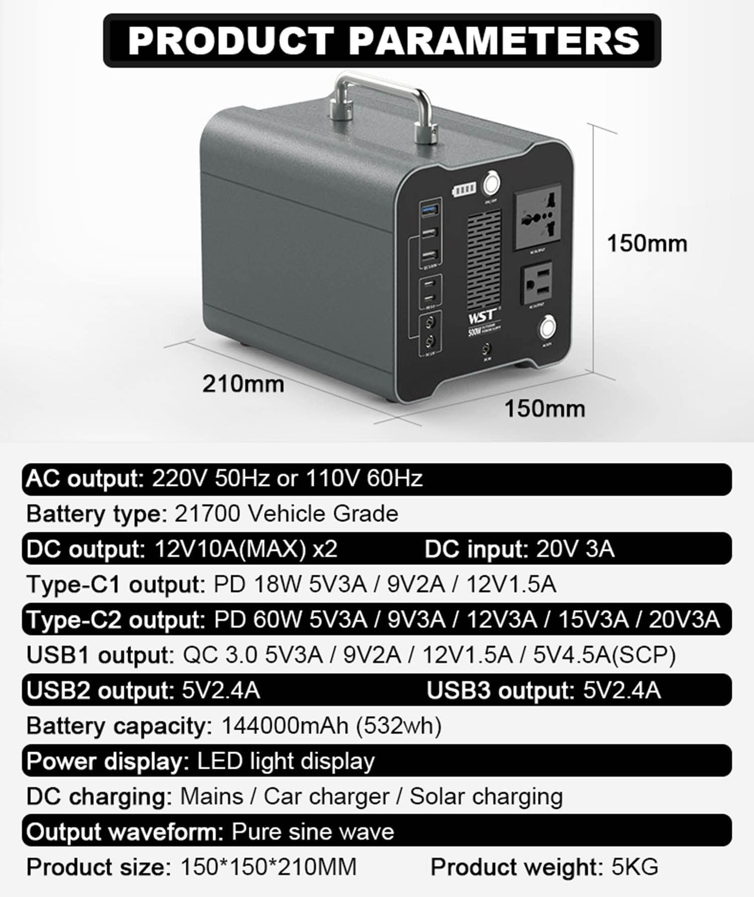 Station d'alimentation portable 144 000 mAh, 2 prises secteur, sortie USB-C PD 60 W, sortie CA 500 W, avec éclairage LED, pour camping-car, maison, extérieur, alimentation de secours (220 V ~ 60 Hz)