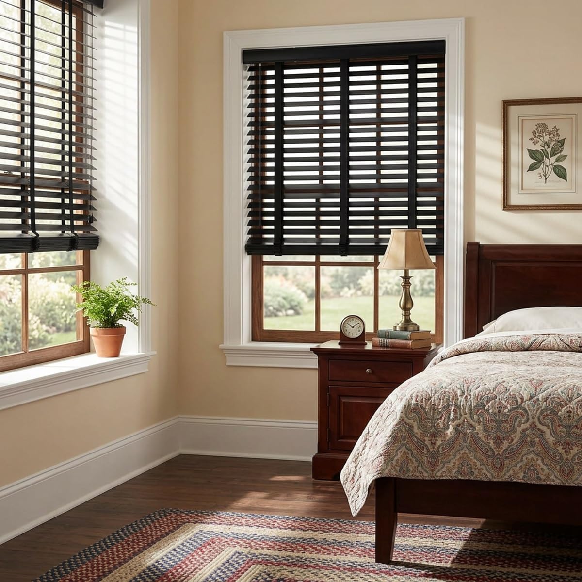 Black Wood Blinds for Indoor Windows, 2 inch Slats Cordless Horizontal Faux Wood Window Blinds & Shades 34" W x36 H Blackout Wooden Privacy Blinds for Kitchen Bedroom Living Room