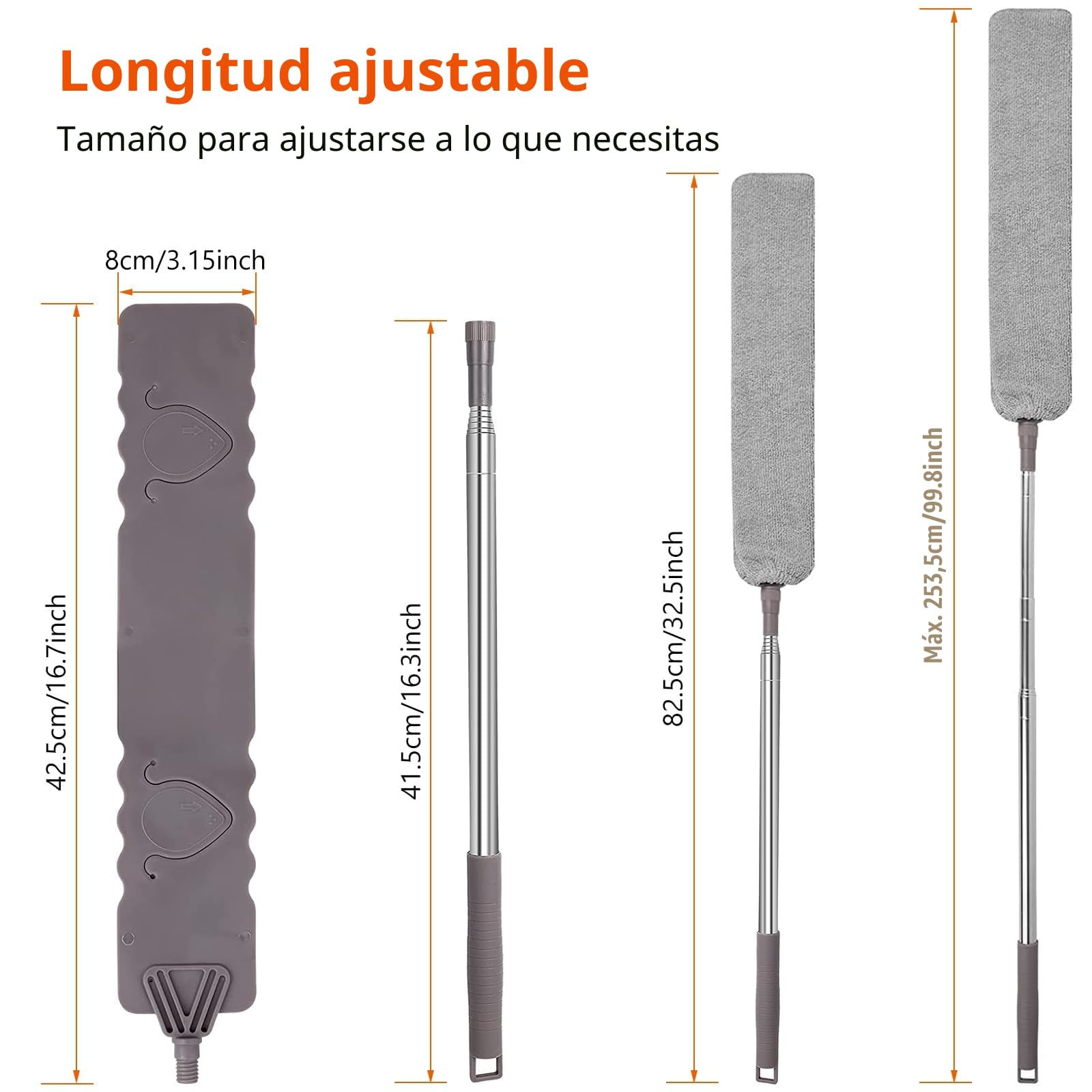 Plumero Plano, Cepillo Limpieza de Polvo con Varilla Telescópica de Acero Inoxidable, Limpiador de Polvo Retráctil, Plumero Atrapapolvo Microfibra Lavable para Piso, Debajo de la Sofá y el Cama