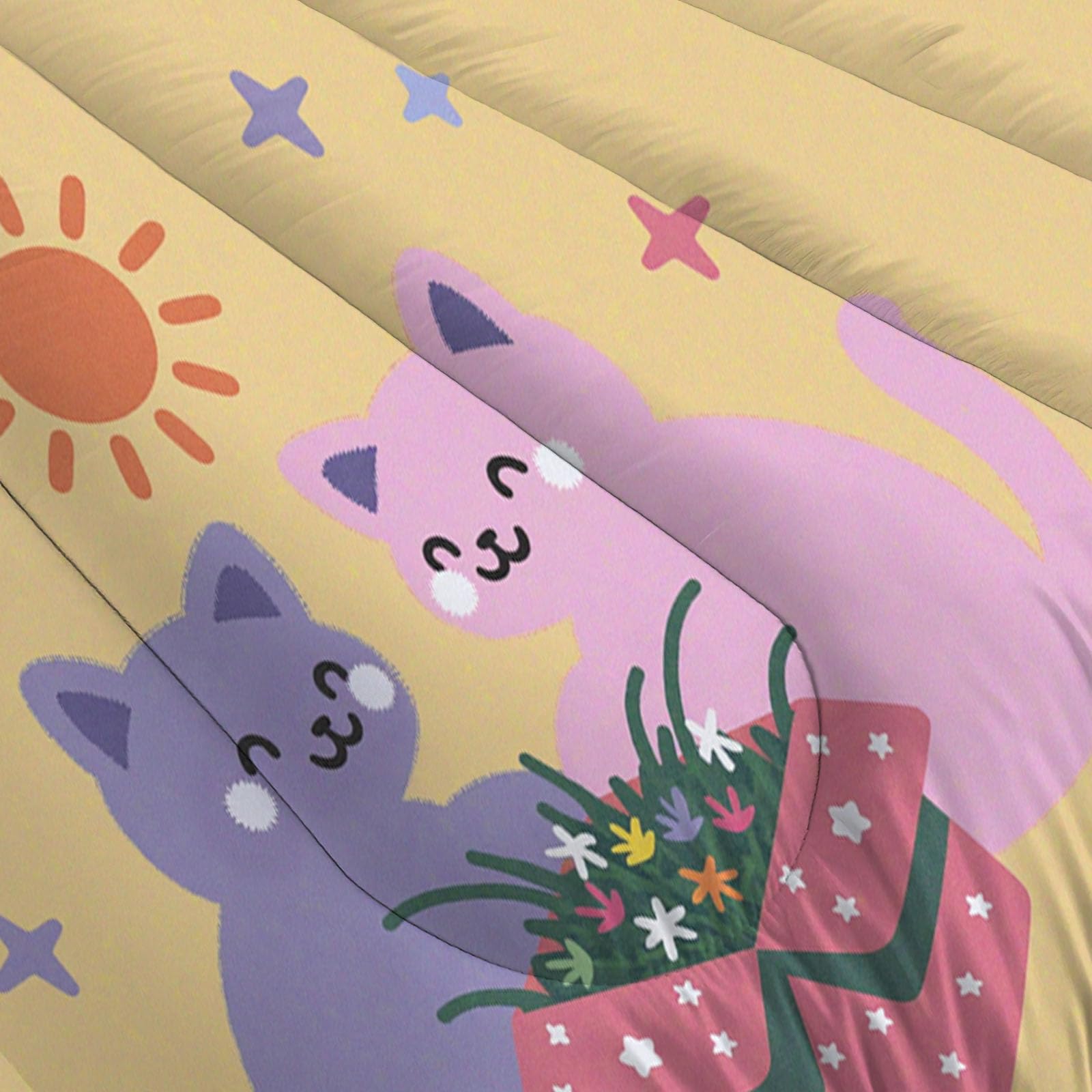 Trapunta Letto Singolo 4 Stagioni Piumone per Bambini, Semplice Gatto Sole Leggero Astratto Animali Set di Biancheria da Letto 140x200cm con 1 Federe,Piumino Lavabile In Lavatrice