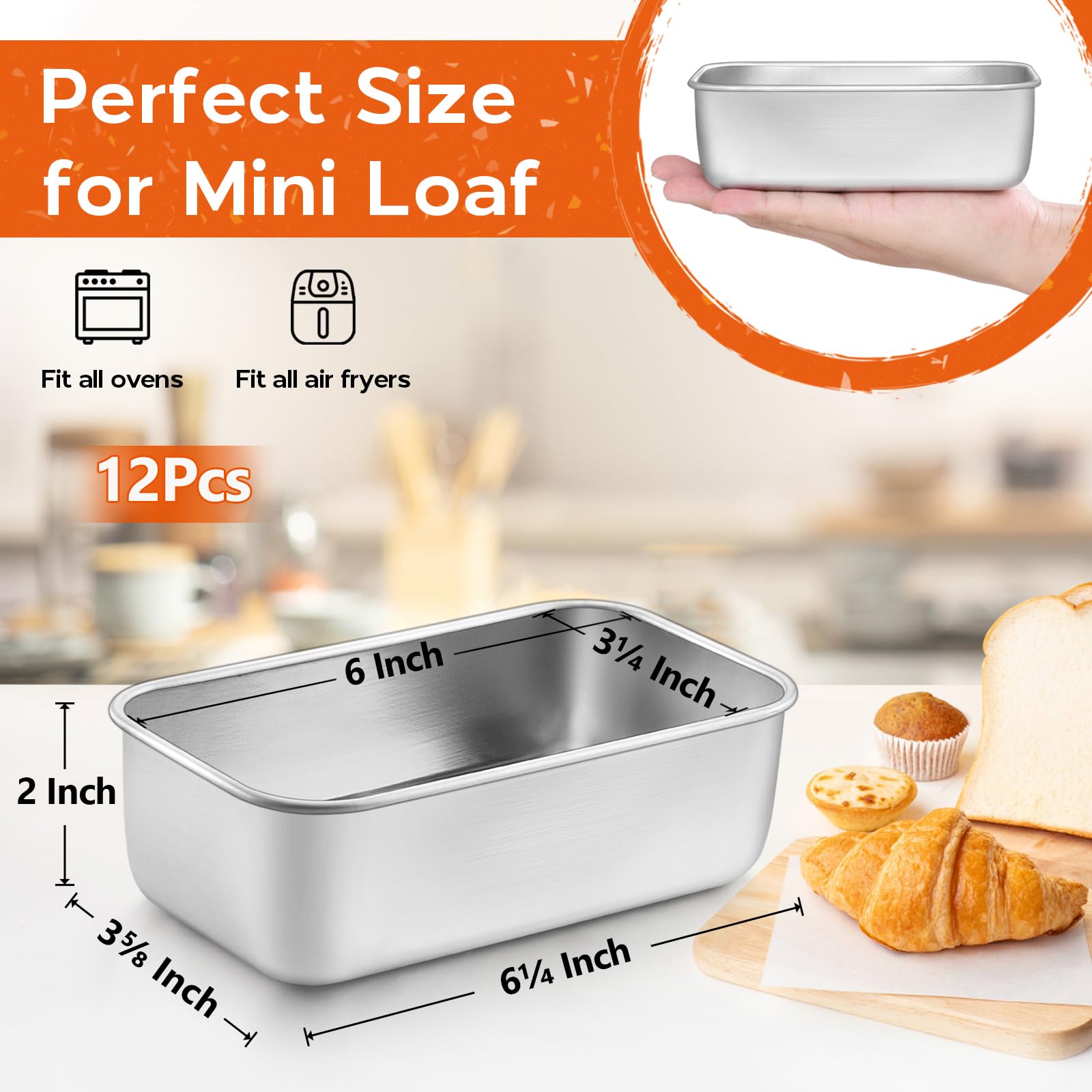 Onader Mini-Kastenform zum Backen von Brot, 15,2 x 7,6 cm, Edelstahl-Brotform, kleine Hackbratenform für hausgemachten Sauerteig-Brownie-Kuchen, spülmaschinenfest, 12 Stück