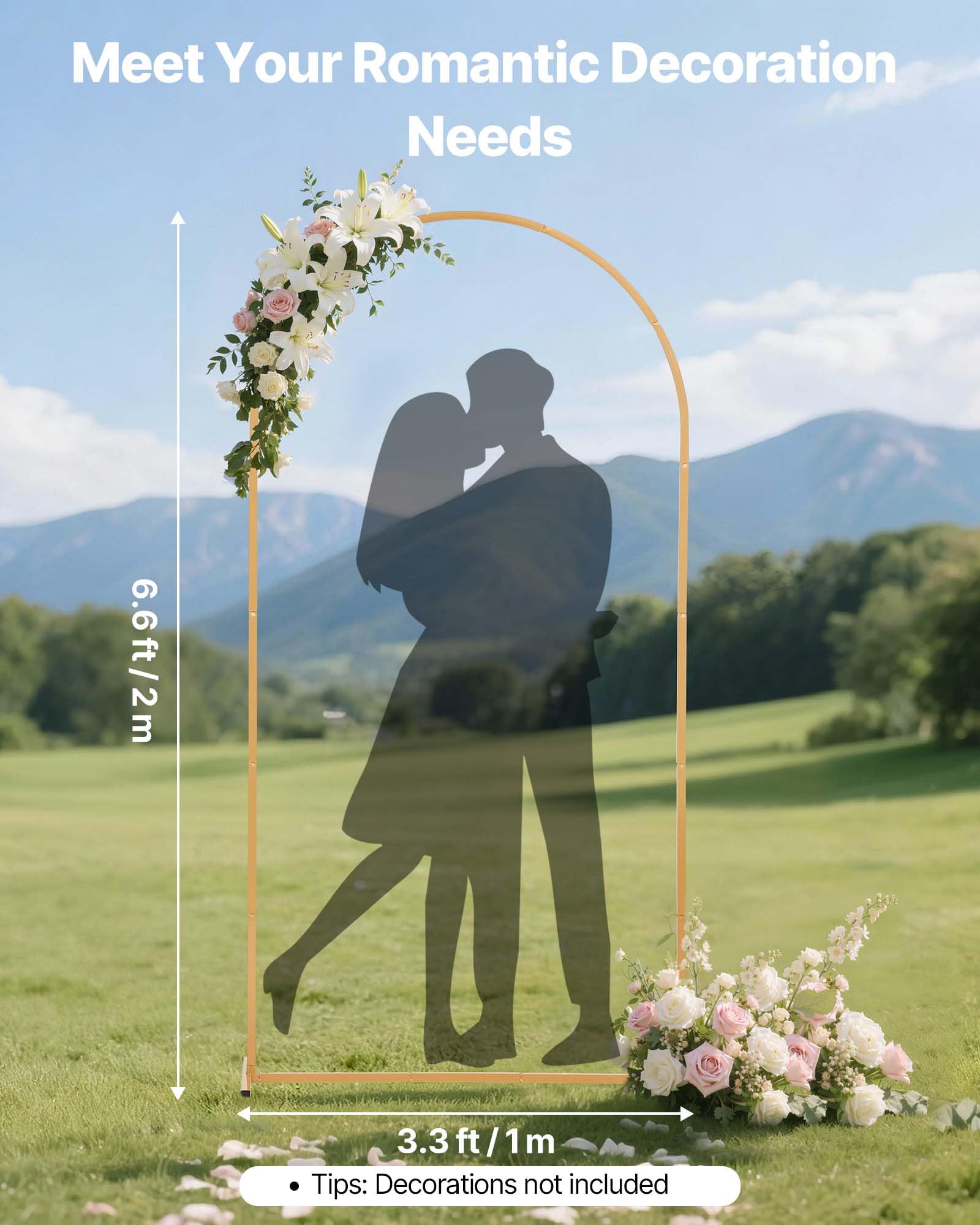Condition photo showing As Is for vevor arch backdrop stand, 6.6 x 3.3 ft, stable structure, easy assembly, 1 set gold metal arch backdrop stand for wedding, birthday party, graduation, holiday celebration, and ceremony decoration