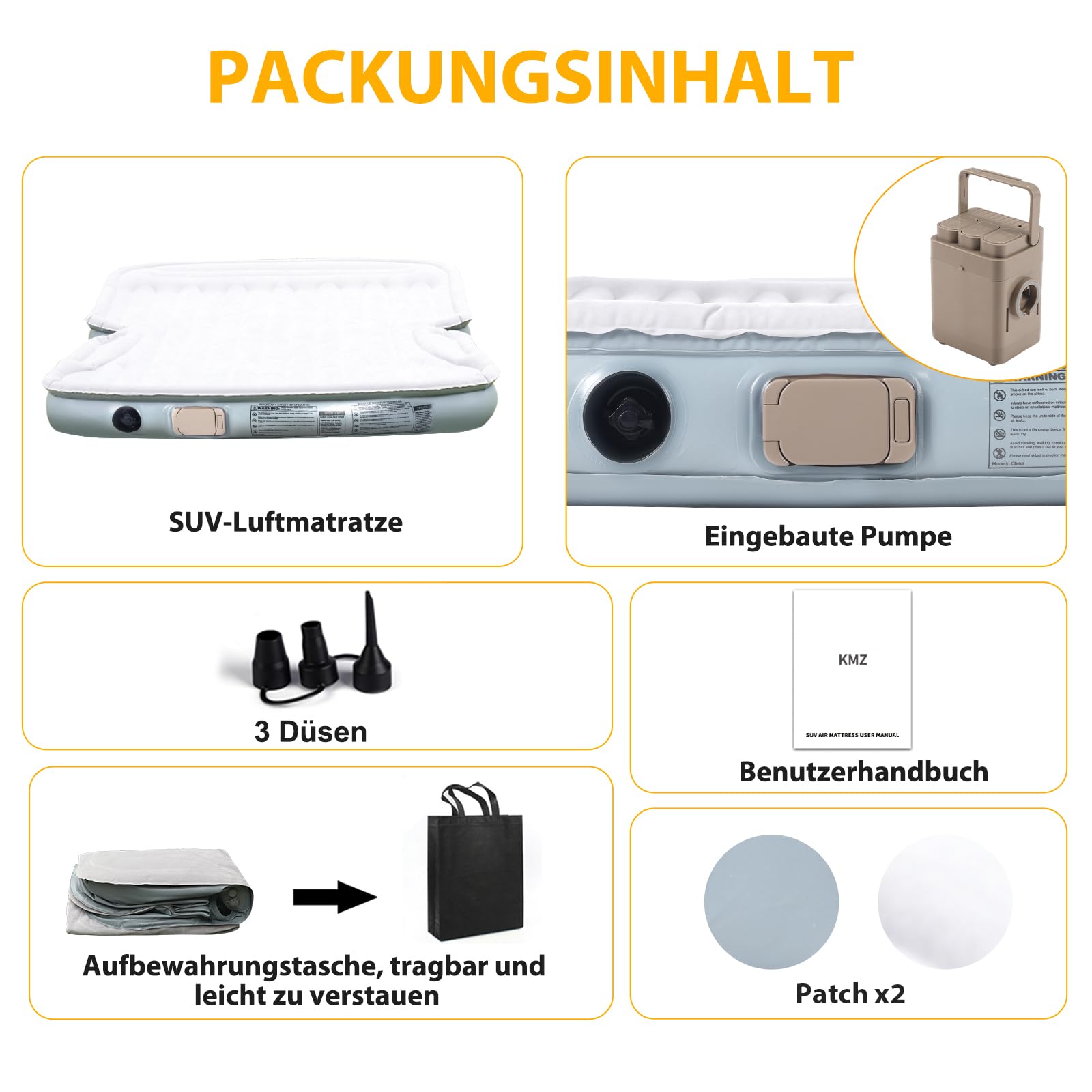 KMZ SUV Luftmatratze mit eingebauter elektrischer Pumpe - Verdickte und geflockte Auto-Bettmatratze für Reisen und Camping - 300 kg Tragfähigkeit - Grau