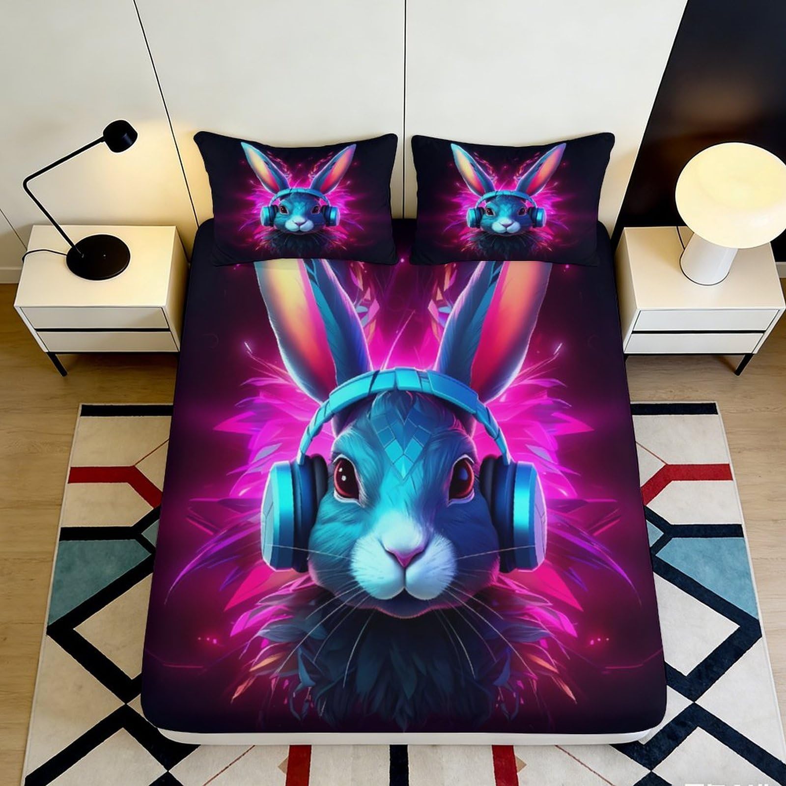 3D Printed Neon Rabbit Fitted Sheet Microfiber Breathable DJ Headphones Mattress Cover for Bedroom Dorm Decorative Bed Protection 90x200x25cm