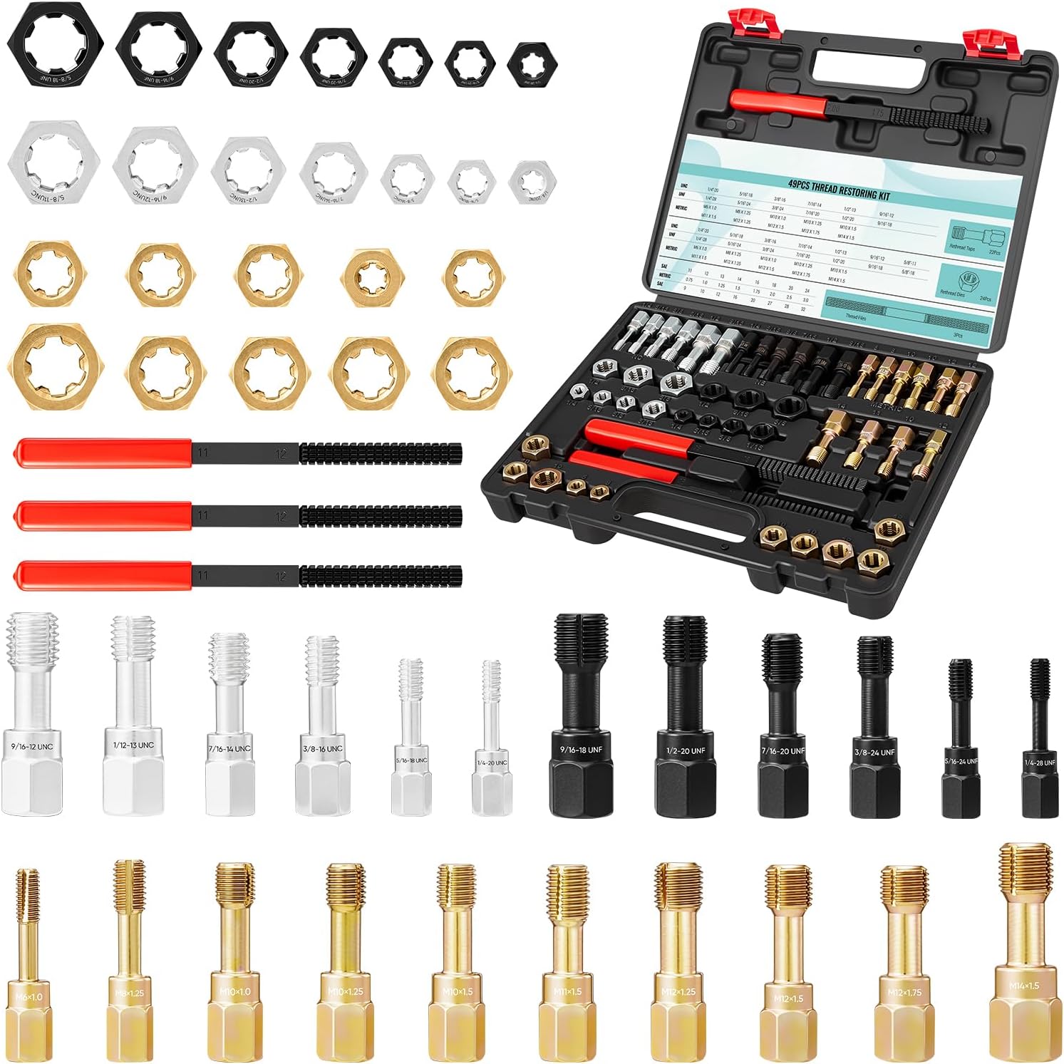 Saker Thread Chaser Set,49-Piece Tap and Die Set,Metric Thread Repair Kit,Rethreading Tool Kit with 22 Taps 24 Dies 3 Thread Files in UNC UNF Metric Sizes with Storage Case