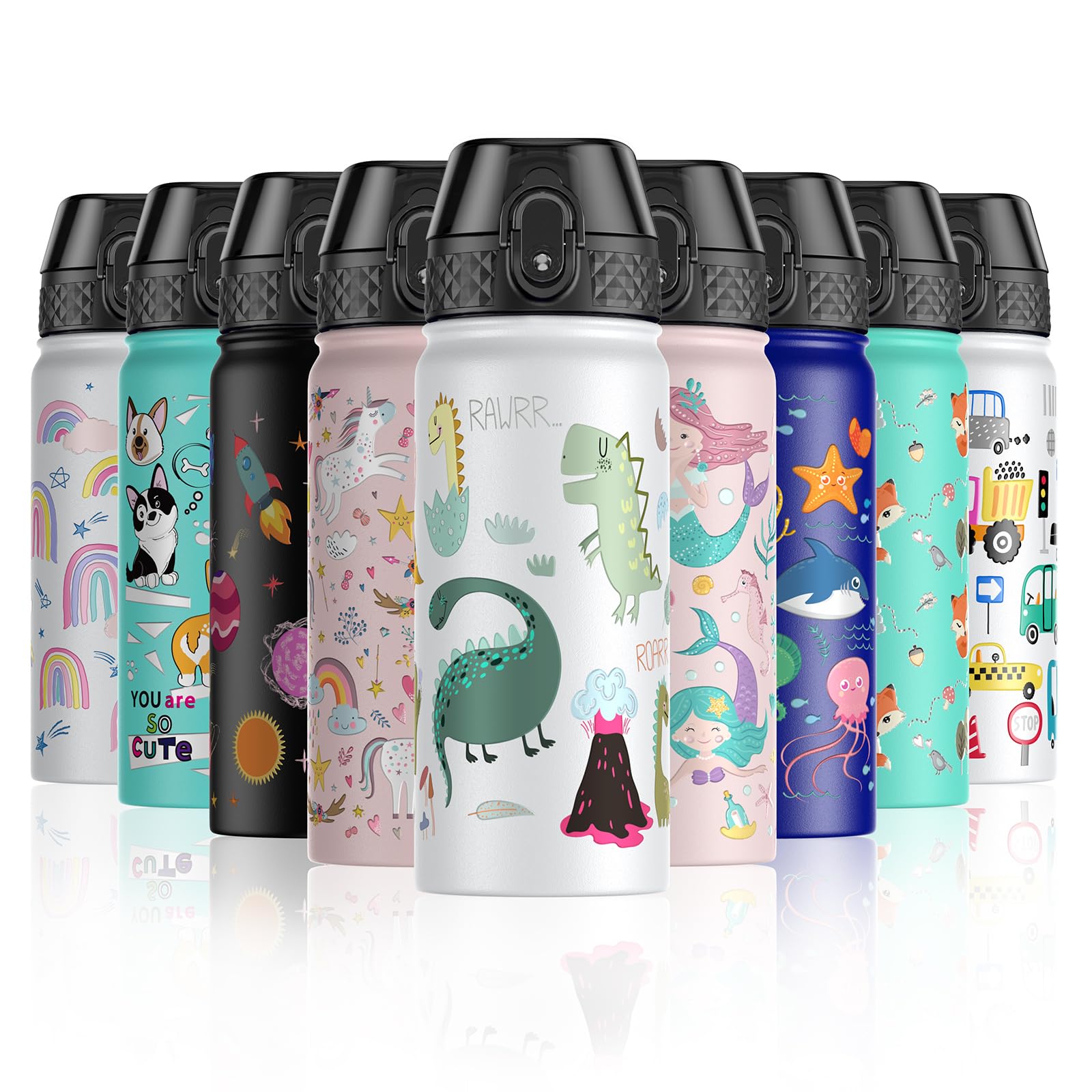 OLDLEY 550ml/18oz Kids Stainless Steel Water Bottle with Straw for School Insulated Metal Water Bottles Leakproof Reusable Double Wall Vacuum Small Flask Keep Hot Cold for Boys Girls (White Dinosaur)