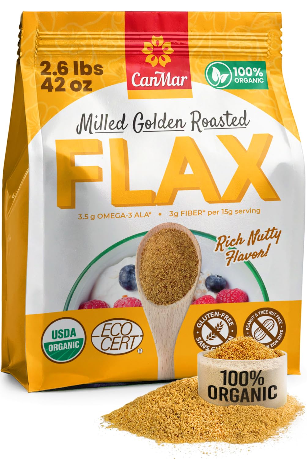 CanMar Ground Milled Golden Roasted Organic Flaxseed, 42 oz – Vegan, Non-GMO, Gluten Free – Flaxseed Meal with Omega-3, Fiber – Ground Organic Linseed Powder
