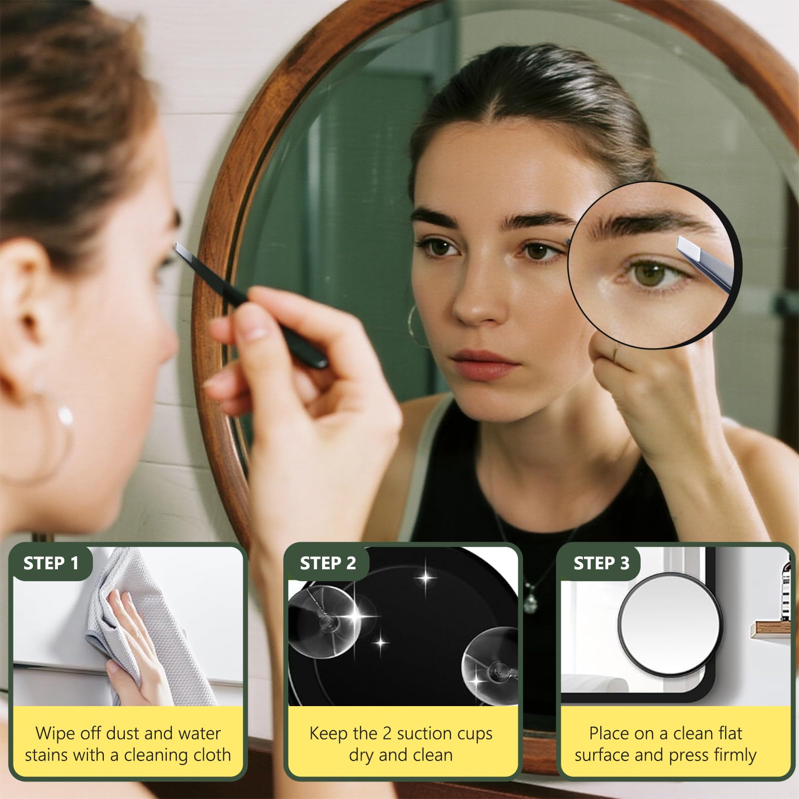 Espejo de Aumento de 30 aumentos, pequeño Espejo de Aumento con Ventosa y Pinzas, Juego de Espejo Compacto, para Maquillaje preciso y depilación de Cejas de 3,5 Pulgadas, Negro