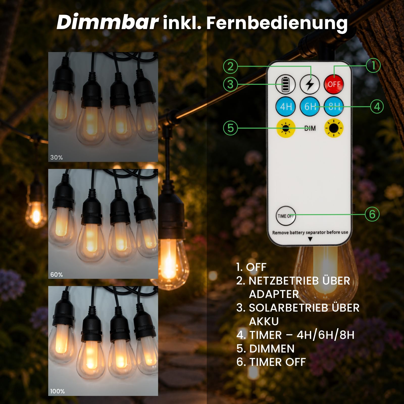 Lumiled Solar Lichterkette Außen Outdoor 15m 15 LED Glühbirnen Flammeneffekt Garten Lichterketten IP65 Wasserdicht 2in1 mit Solarpanel Strom Fernbedienung Beleuchtung Terrasse Balkon Warmweiß Dimmbar