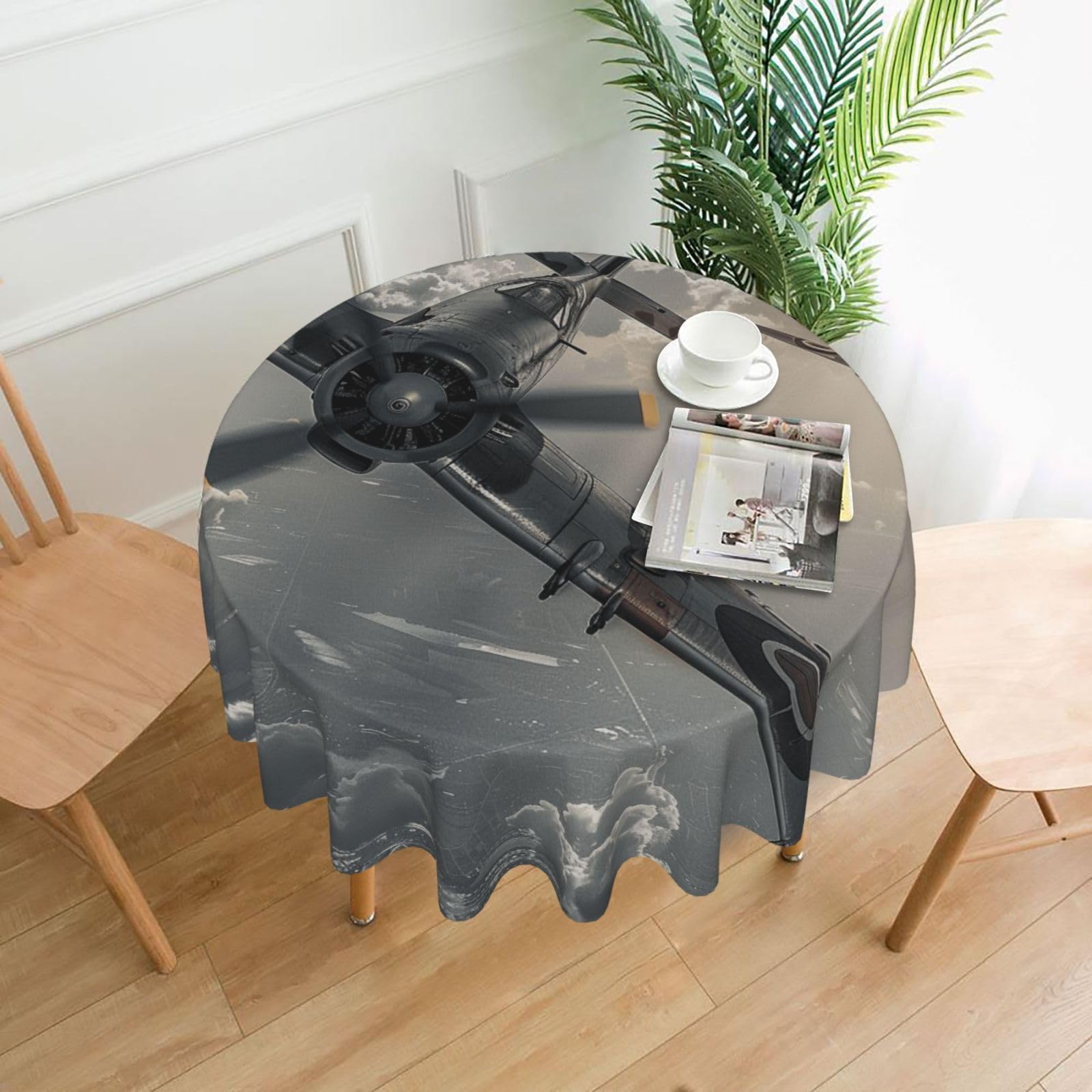 WPKJU World War 2 Aircraft Airplane Printed Round Tablecloth 60 in Water Resistant Table Cover Washable Table Cloth for Dining Tables