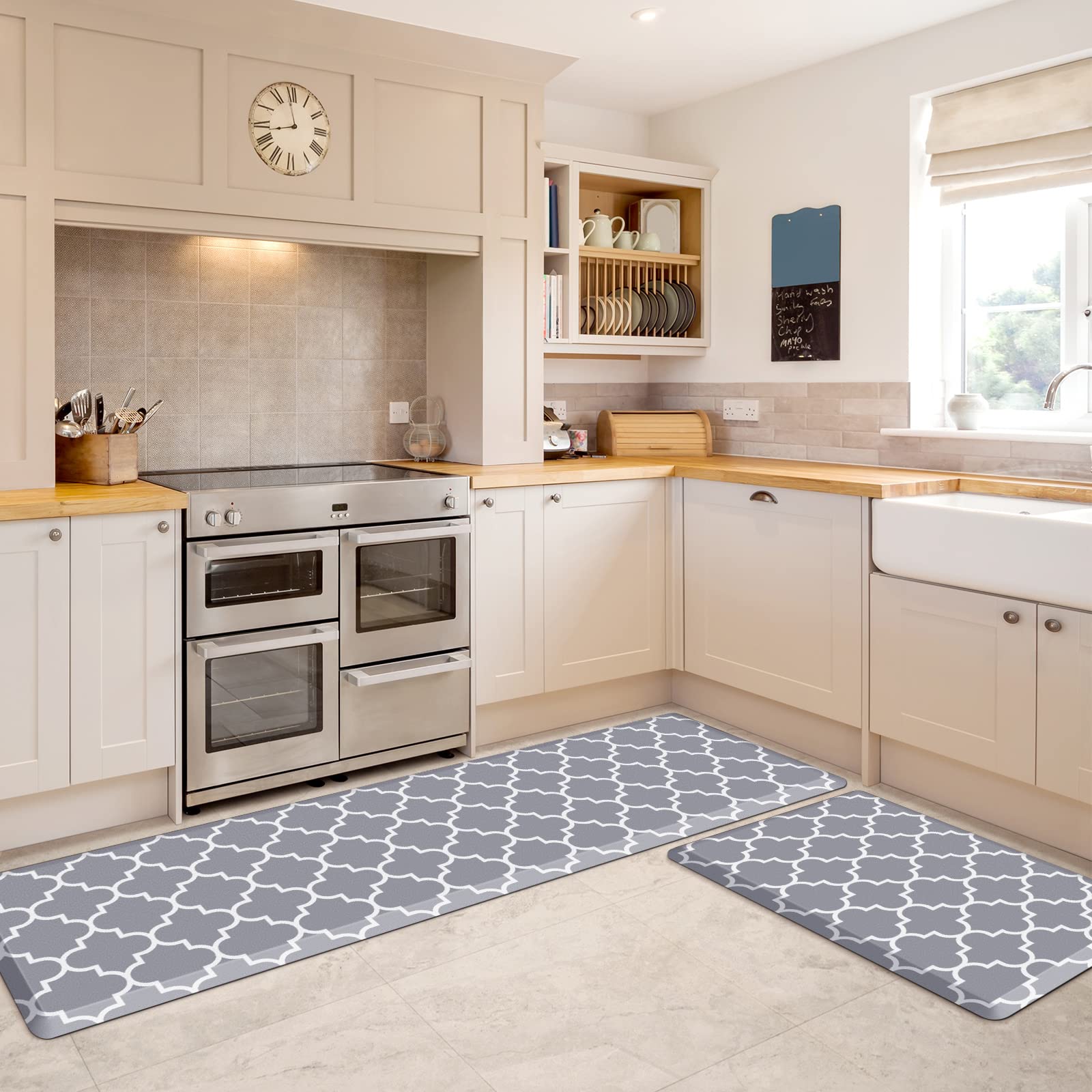 Photo 1 of SweetFeet Kitchen Mat 2PCS Comfort Kitchen Rugs and Mats,Non-Skid Waterproof Anti-Fatigue Standing Floor Mats, Ergonomic Designed for Kitchen, Floor, Home, Office, Grey(17.3"x28"+17.3"x60") 17.3"x 28"+17.3"x 60" Grey
