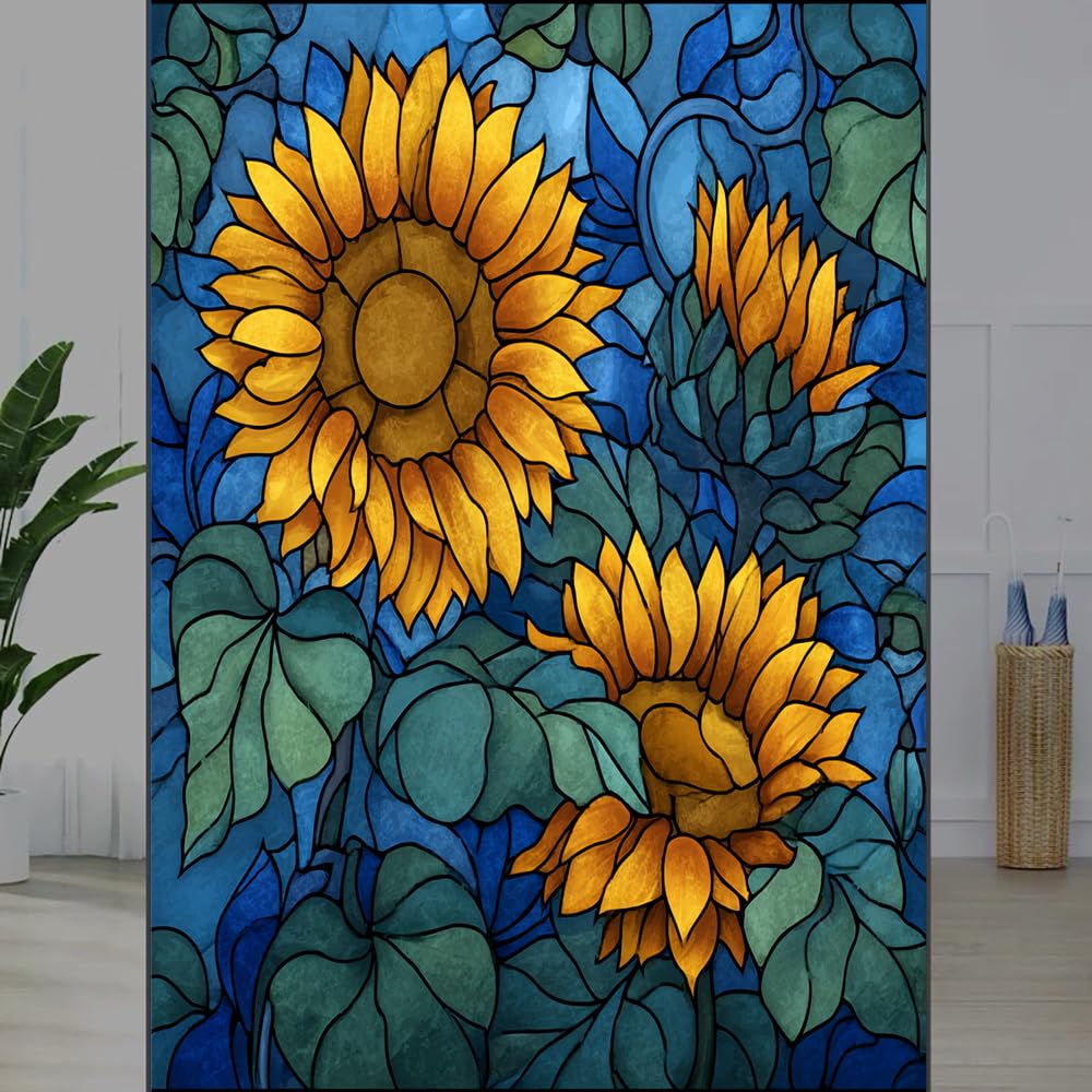 FOCCAFB Colorful Floral Frosted Window Film, Sunflowers Blue Botanical Stained Glass Privacy Film, Heat Insulation Self-Adhesive Vinyl for Bathroom Office, （55x120cm）
