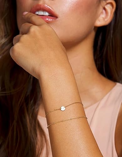 Miniatura 2 de Pulseras con Iniciales de Oro para Mujeres, Delicadas Pulseras de Cuentas en Capas Chapadas en Oro de 14K con Inicial de Letra Pulsera de Inicial