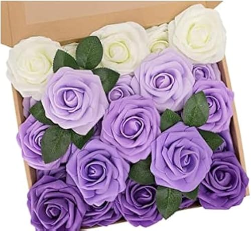 DIYASY Rosa falsa a granel, 30 piezas de flores artificiales de espuma de la serie púrpura con tallo para centros de mesa de boda, ramos de