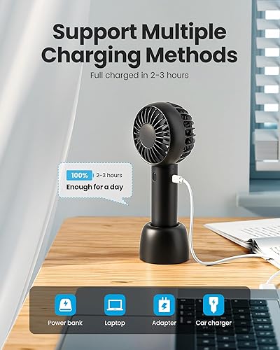 Vista 6 de Gaiatop Mini ventilador portátil, pequeño y potente, diseño lindo de 3 velocidades, ventilador de mano personal y escritorio con base, ligero Negro