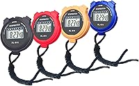 BESTWYA Simple Stopwatch Pack of 4 - Large LCD Display, Easy 3-Button Count Up Timer, Clock, Calendar & Alarm for Sports Training
