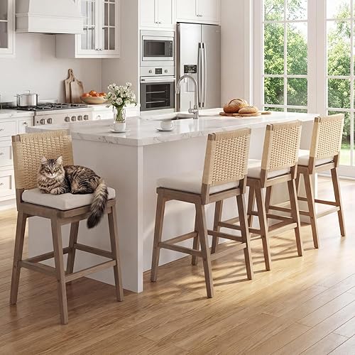 Miniatura 3 de DUOMAY Juego de 2 taburetes de bar de ratán, taburetes de bar tejidos de 27 pulgadas con respaldo, moderna silla de cocina tapizada de lino, silla