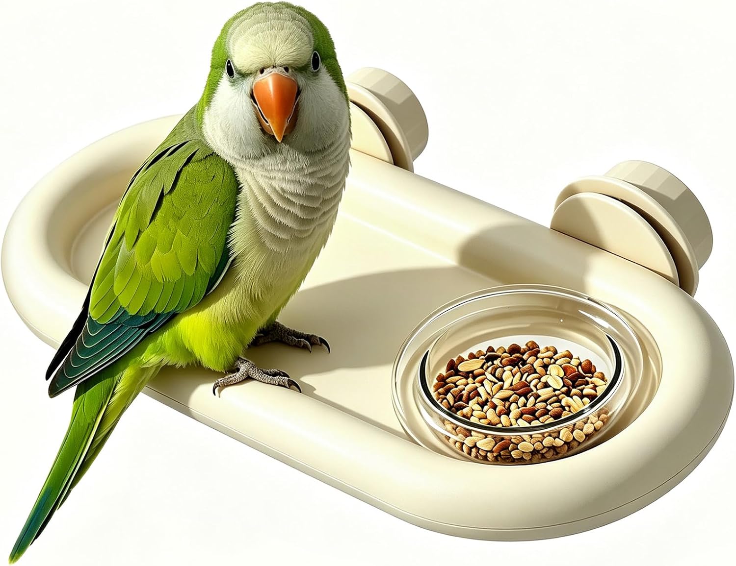 Bird Feeding Platform,bird feeder for cage,Parrot Rest Station with Food Bowl, Parrot Cage Perch,bird perches for Cages,Platform with Feeding Bowl for Parakeets and Small Birds cage Accessories(White)