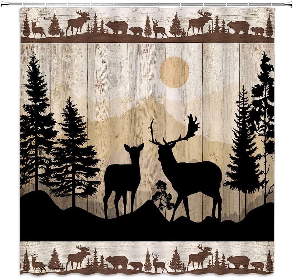 Misty Forest Deer Shower Curtain Wooden Board Wild Animals Elk Rustic Nature Foggy Hunting Cabin Mystical Safari Park Jungle Tree Plants Silhouette Bathroom Decoration 75WX70H in with Hook