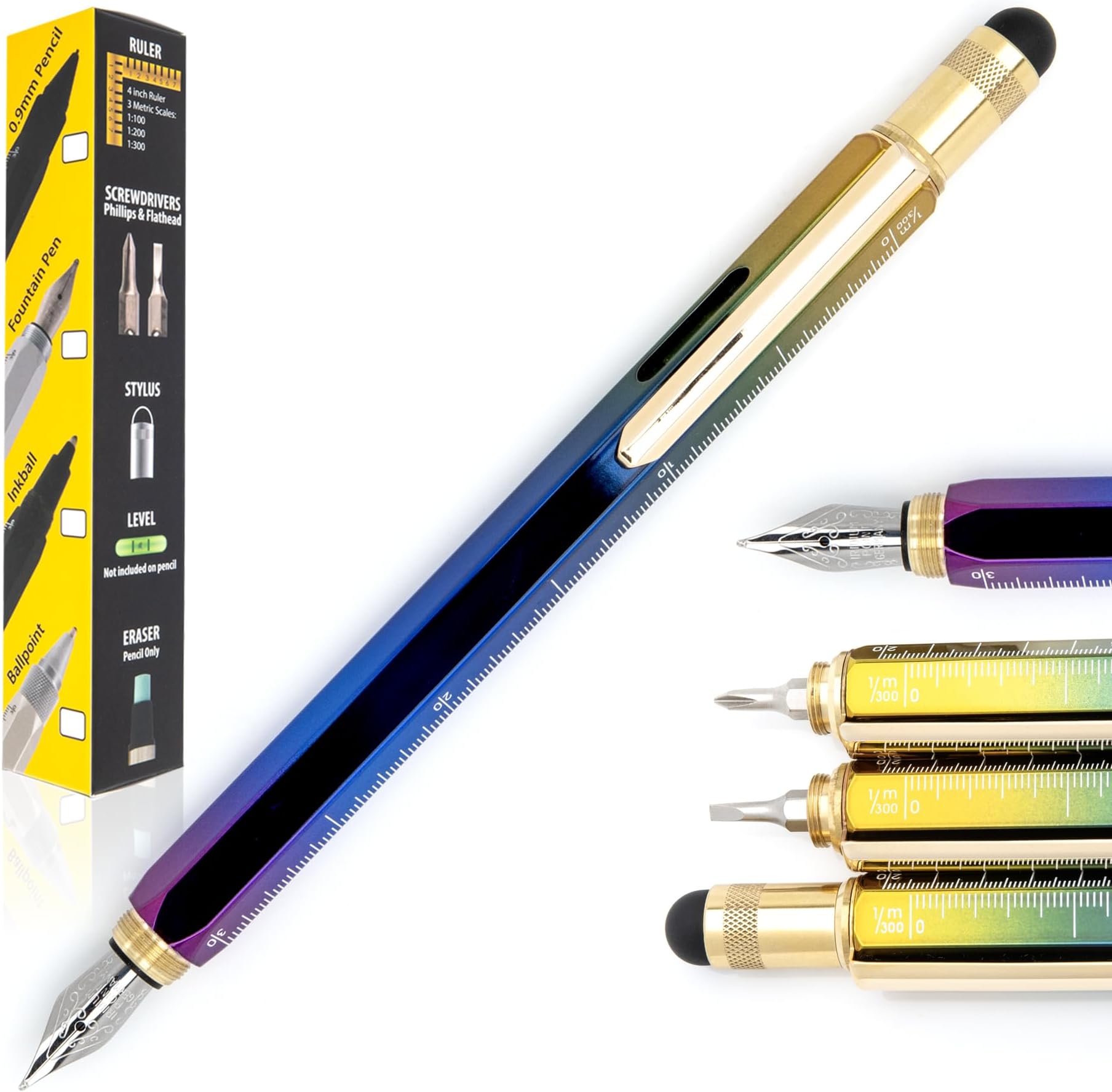 Monteverde USA 9-in-1 Tool Fountain Pen in Rainbow – Flex Nib, PVD-Coated Multifunctional Pen with Stylus, Screwdrivers, Level, and Ruler – Exclusive Collection, Ideal Gift for Writers
