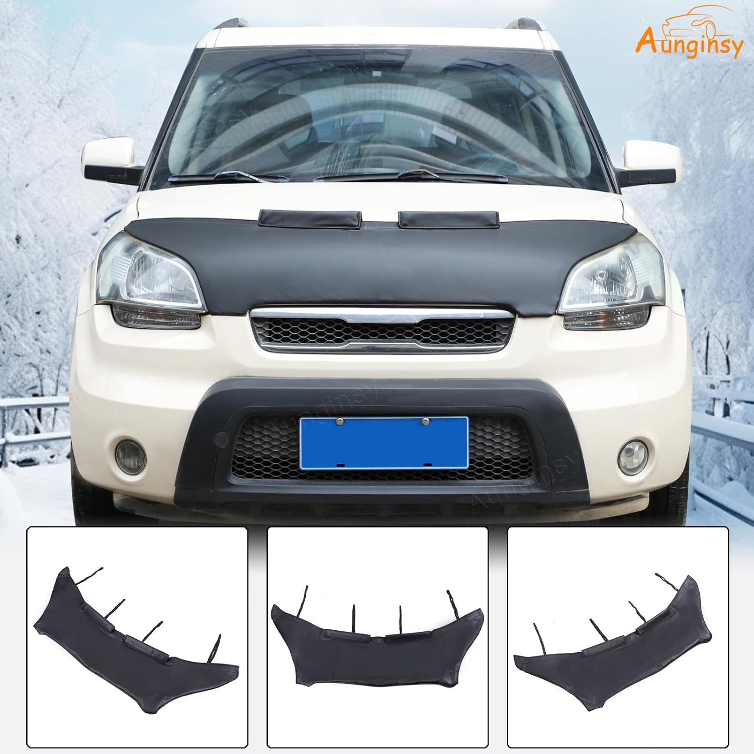 Aunginsy Car Hood Protector Bra Compatible with Kia Soul 2009-2013 Auto Front Engine Hood Cover Black Leather Protector Cover Half Hood Bonnet Bra Front Car Cover Mask Hood Shield Exterior Accessories
