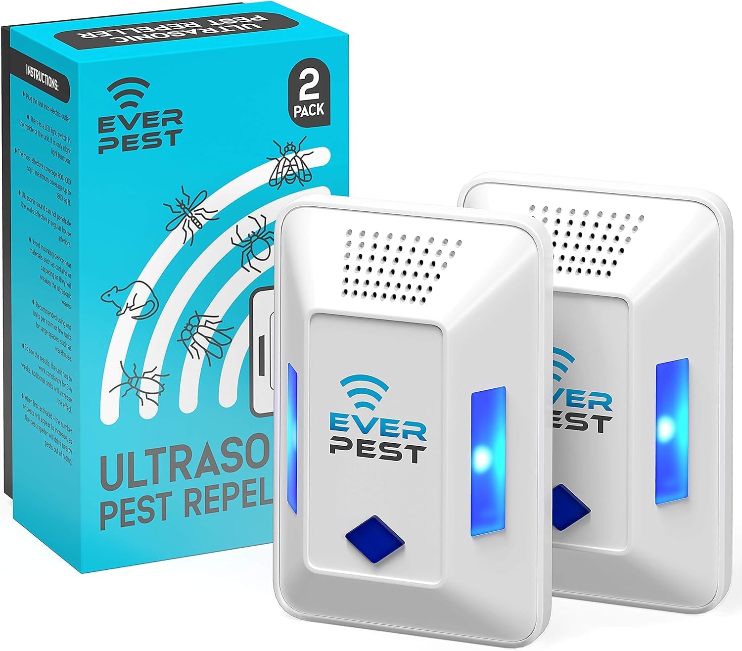 Ultrasonic Pest Control Repeller Plug in - 2 Pack Device Repels Cockroach Cricket Bug Flea Fruit Flies Deterrent, Ultrasound Insect Mice Roach Rat Scorpion Bat Squirrel Rodent Spider Wasp