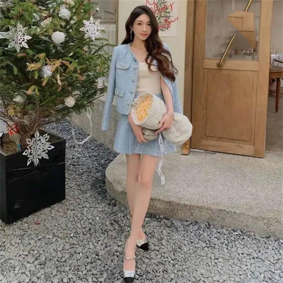 Women's Diamonds Beaded Blue Woolen Tweed Sequin Two Piece Jackets Coats