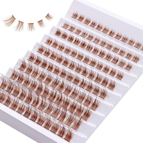 outopen Extensiones de pestañas postizas en racimo de color marrón, 140 unidades, aspecto natural, rizo D, pestañas de ojo de gato, extensiones de