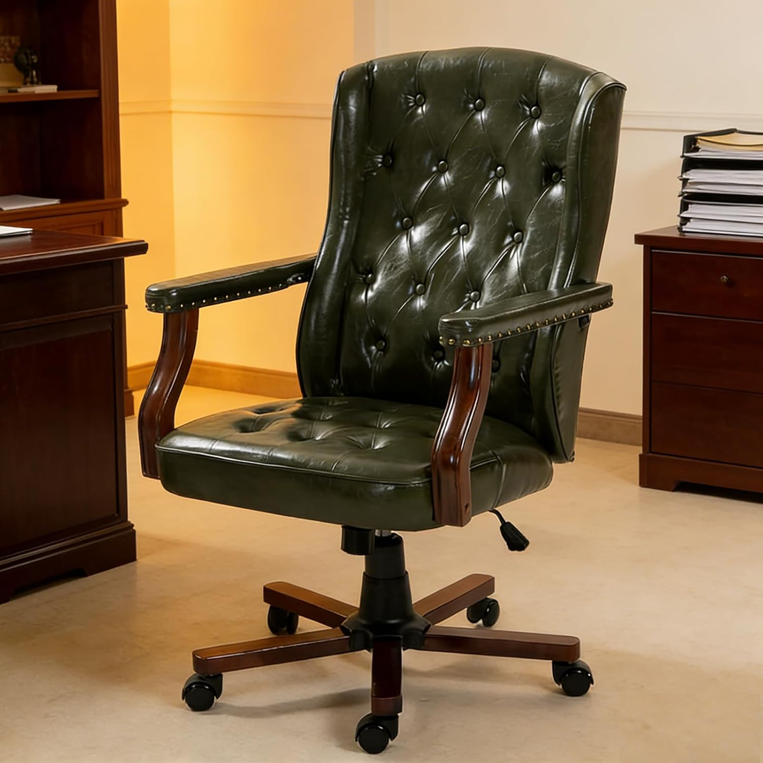 ECOTOUGE Ergonomic Home Desk Chair, Faux Leather Executive Office Chair, Vintage Wingback Swivel Work Chair, Classic Computer Chair for Office, Home and Living Room, Green