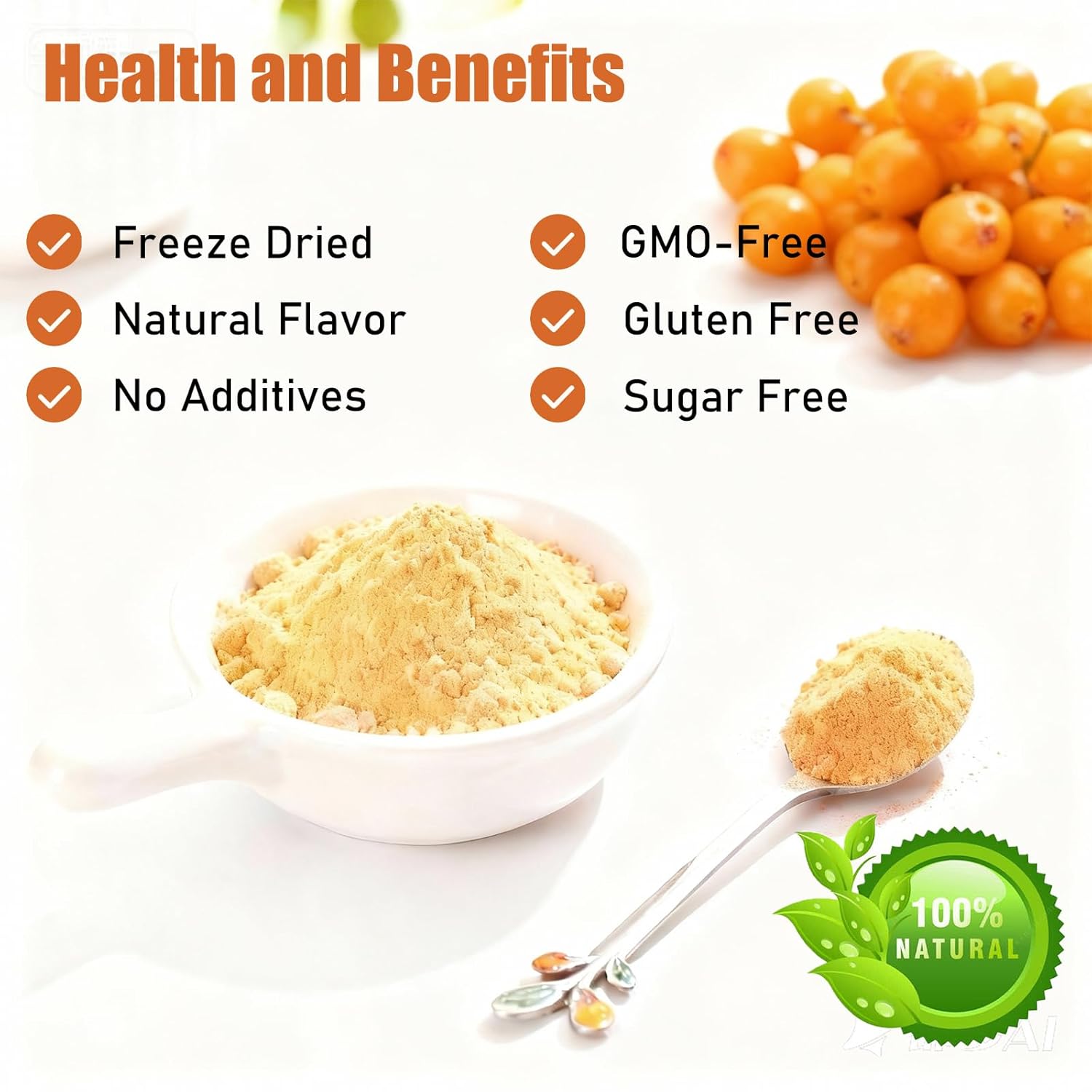 Hee Creek 100% Pure Sea Buckthorn Powder 10.58oz/ 300g Freeze Dried Sea Buckthorn Berries Ultra-Fine Fruit Powder for Smoothies & Baking & Beverages & Food Coloring, No Added Sugar & Additives